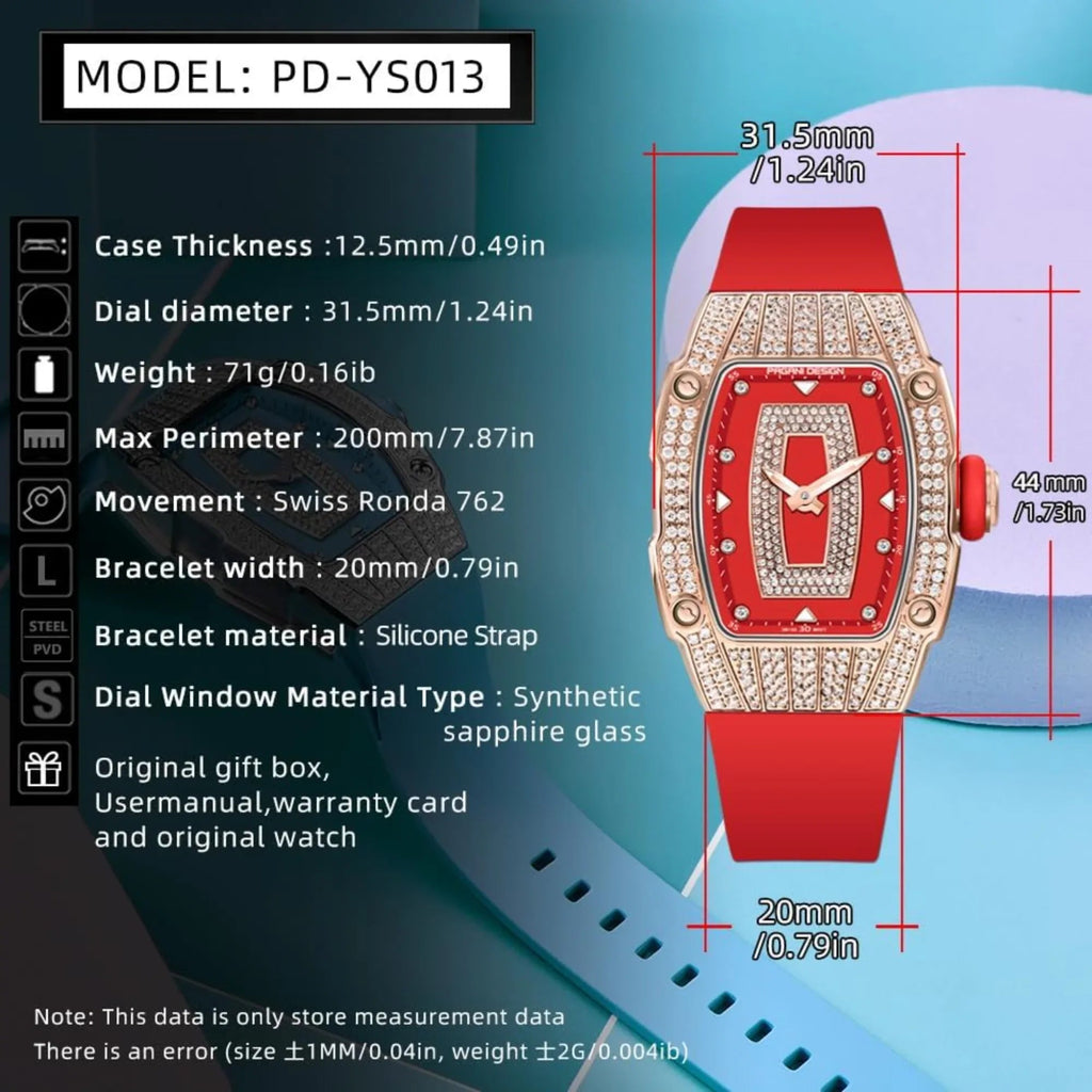 Pagani Design PD-YS013 Bergani Fashion Women's Diamond Inlaid Watch Waterproof Sports Waterproof Night Glow Trend Silicone Women's Watch - Gold Red - DREAM WATCHES