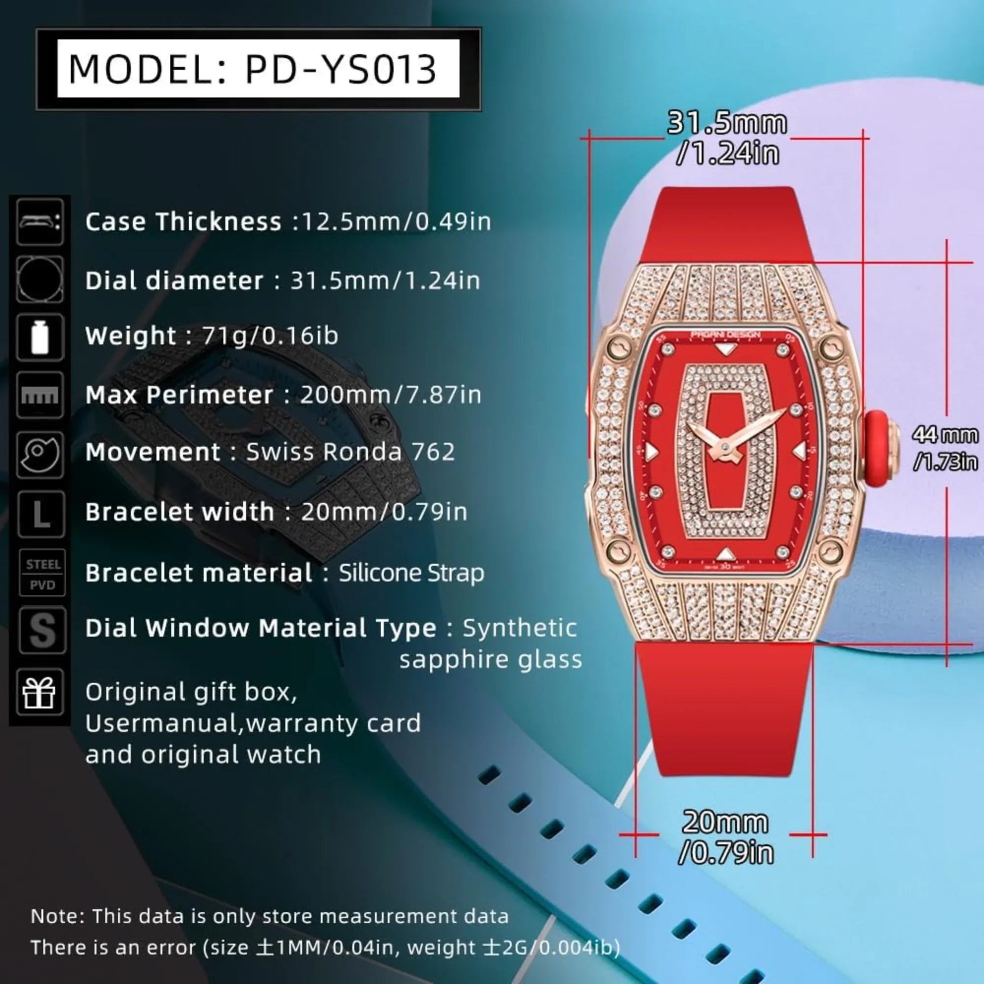 Pagani Design PD-YS013 Bergani Fashion Women's Diamond Inlaid Watch Waterproof Sports Waterproof Night Glow Trend Silicone Women's Watch - Gold Red - DREAM WATCHES