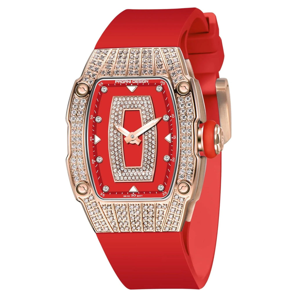 Pagani Design PD-YS013 Bergani Fashion Women's Diamond Inlaid Watch Waterproof Sports Waterproof Night Glow Trend Silicone Women's Watch - Gold Red - DREAM WATCHES