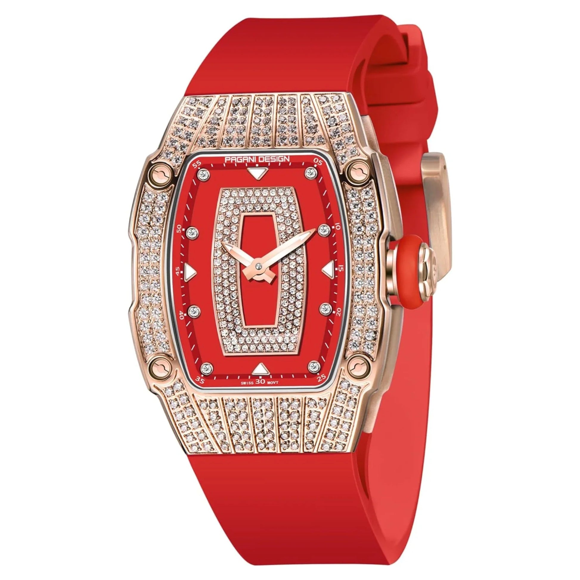Pagani Design PD-YS013 Bergani Fashion Women's Diamond Inlaid Watch Waterproof Sports Waterproof Night Glow Trend Silicone Women's Watch - Gold Red - DREAM WATCHES