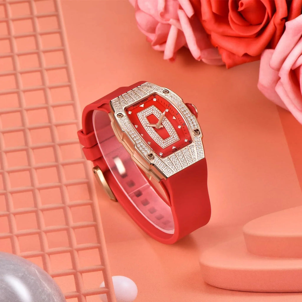 Pagani Design PD-YS013 Bergani Fashion Women's Diamond Inlaid Watch Waterproof Sports Waterproof Night Glow Trend Silicone Women's Watch - Gold Red - DREAM WATCHES