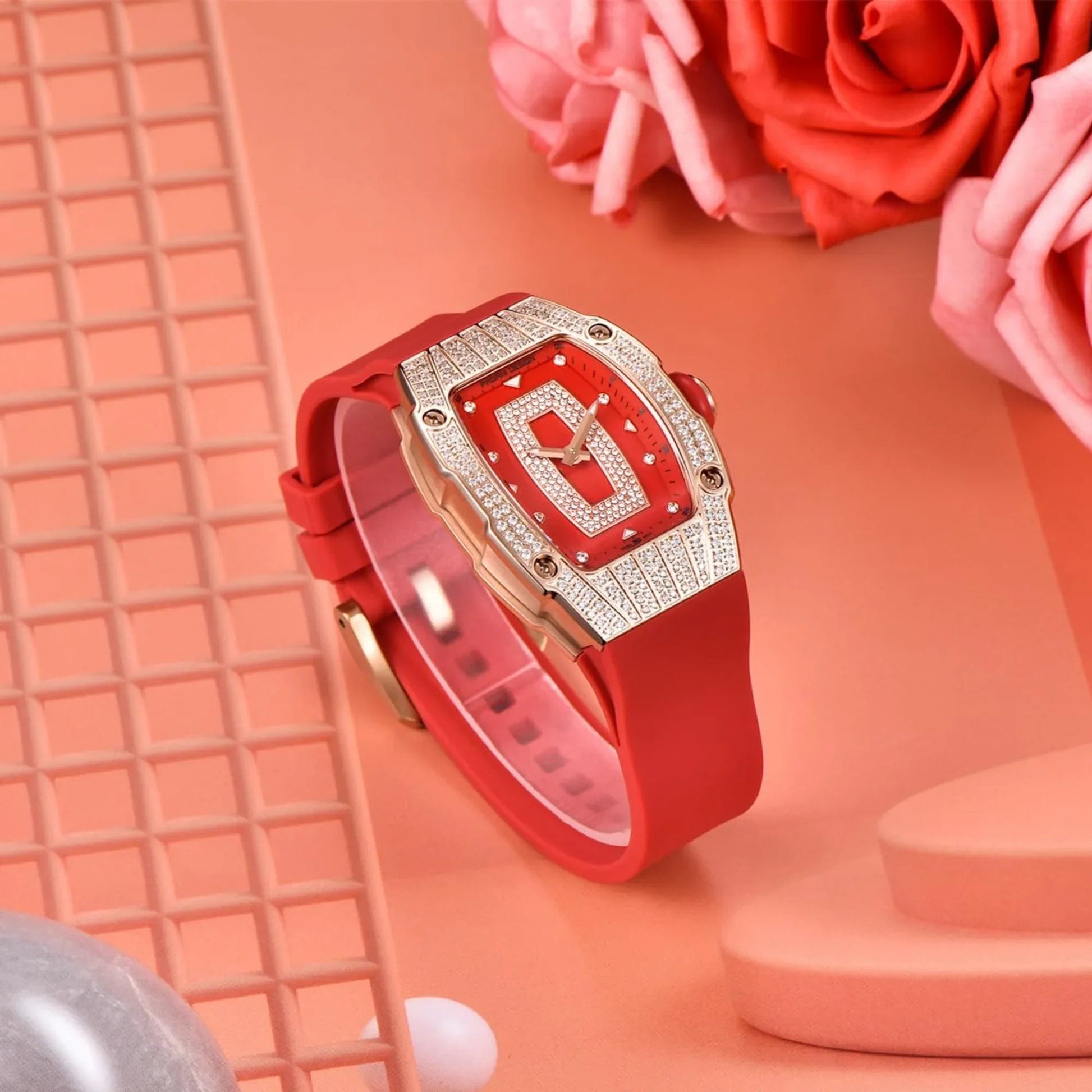 Pagani Design PD-YS013 Bergani Fashion Women's Diamond Inlaid Watch Waterproof Sports Waterproof Night Glow Trend Silicone Women's Watch - Gold Red - DREAM WATCHES