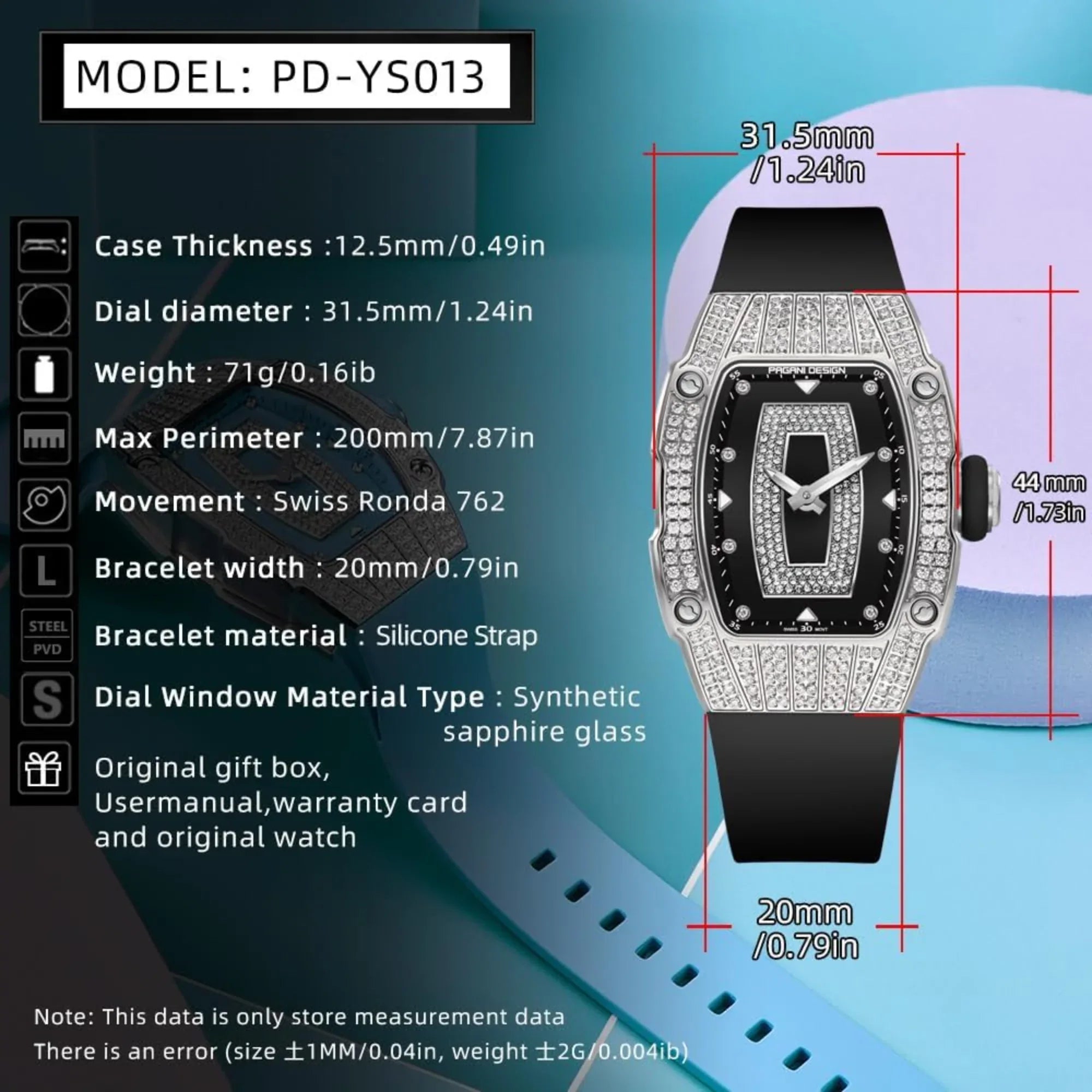 Pagani Design PD-YS013 Bergani Fashion Women's Diamond Inlaid Watch Waterproof Sports Waterproof Night Glow Trend Silicone Women's Watch - Silver Black - DREAM WATCHES