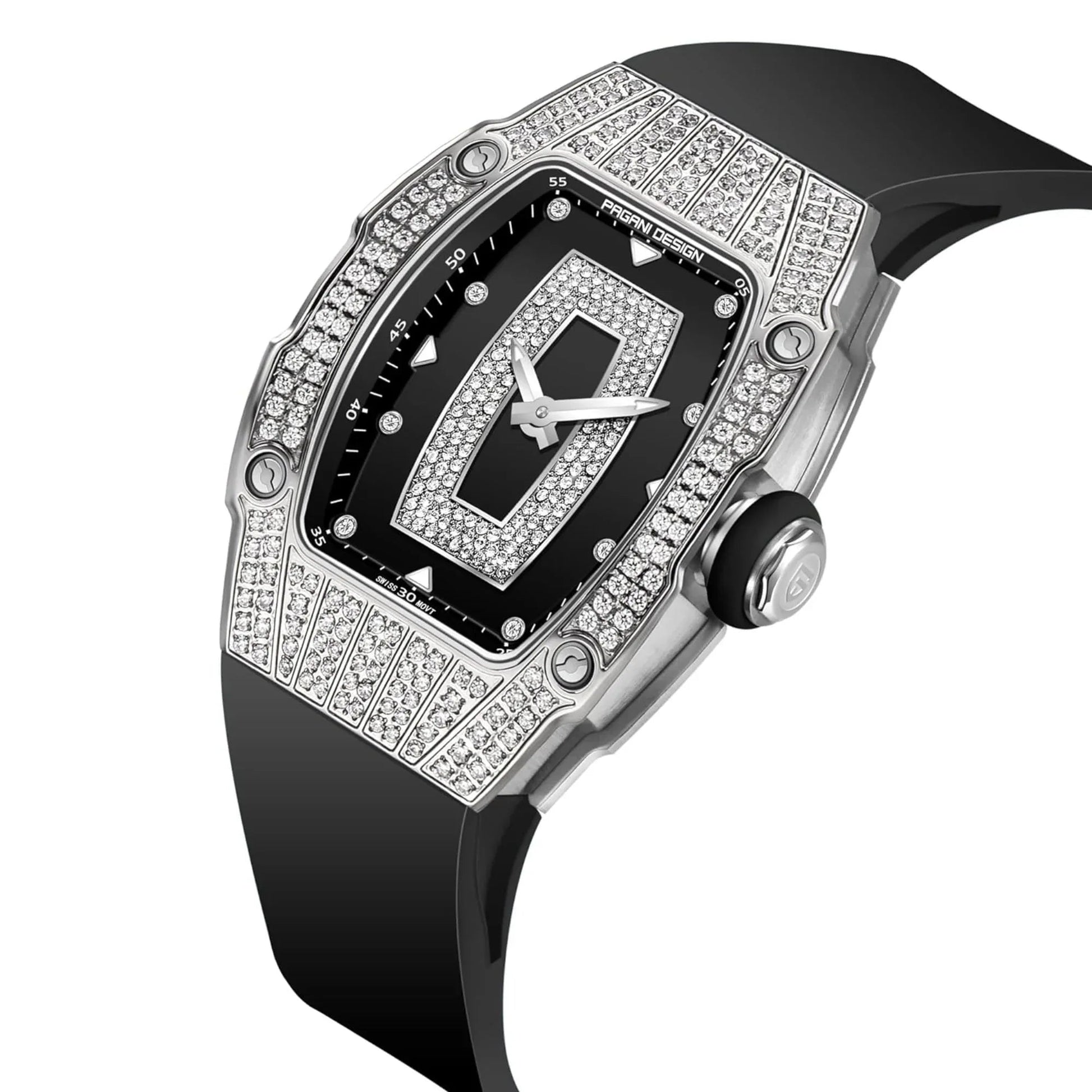 Pagani Design PD-YS013 Bergani Fashion Women's Diamond Inlaid Watch Waterproof Sports Waterproof Night Glow Trend Silicone Women's Watch - Silver Black - DREAM WATCHES
