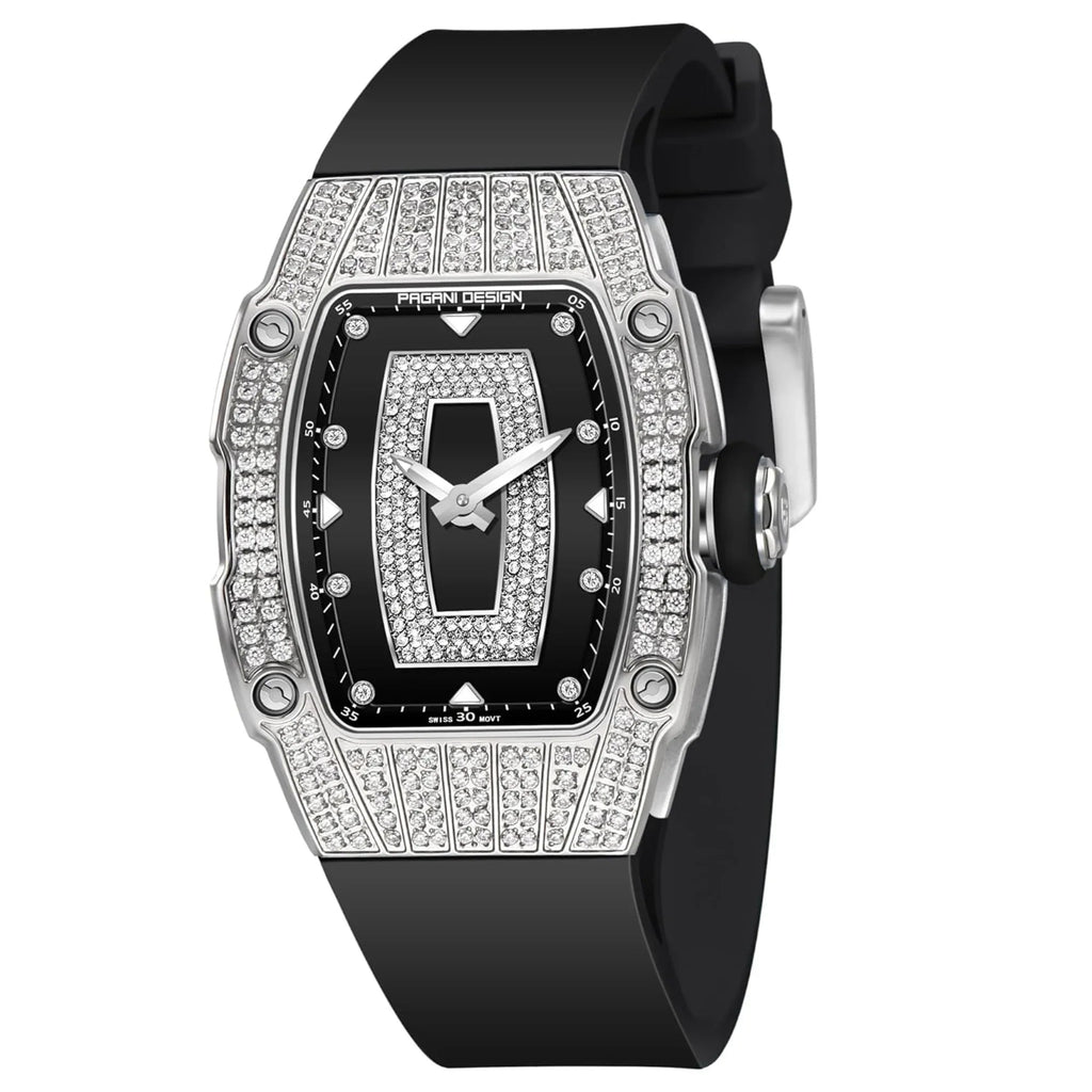 Pagani Design PD-YS013 Bergani Fashion Women's Diamond Inlaid Watch Waterproof Sports Waterproof Night Glow Trend Silicone Women's Watch - Silver Black - DREAM WATCHES
