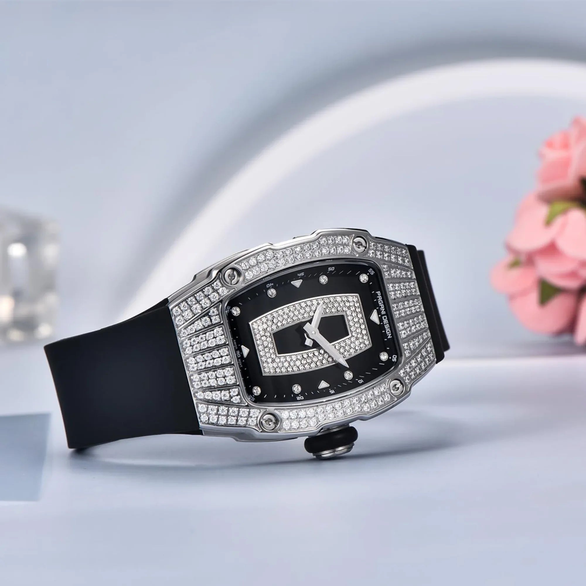 Pagani Design PD-YS013 Bergani Fashion Women's Diamond Inlaid Watch Waterproof Sports Waterproof Night Glow Trend Silicone Women's Watch - Silver Black - DREAM WATCHES