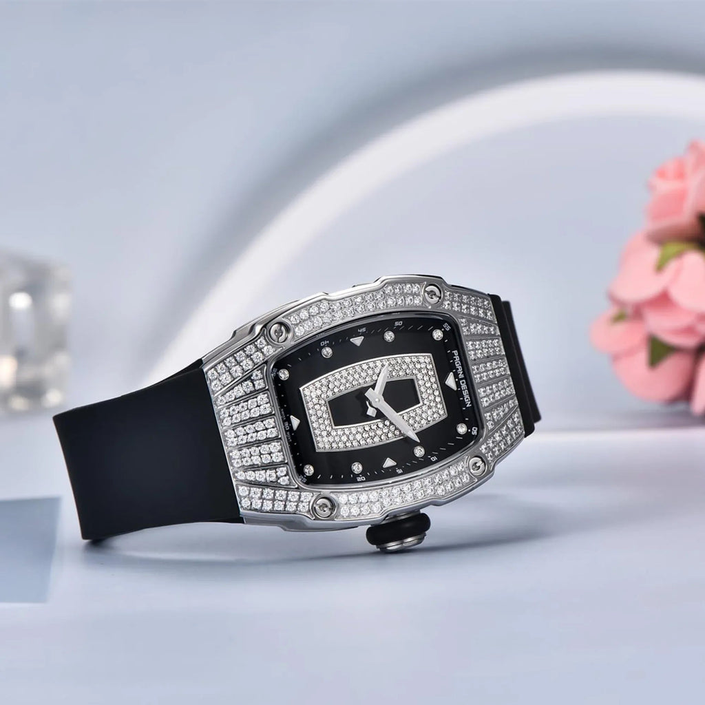Pagani Design PD-YS013 Bergani Fashion Women's Diamond Inlaid Watch Waterproof Sports Waterproof Night Glow Trend Silicone Women's Watch - Silver Black - DREAM WATCHES