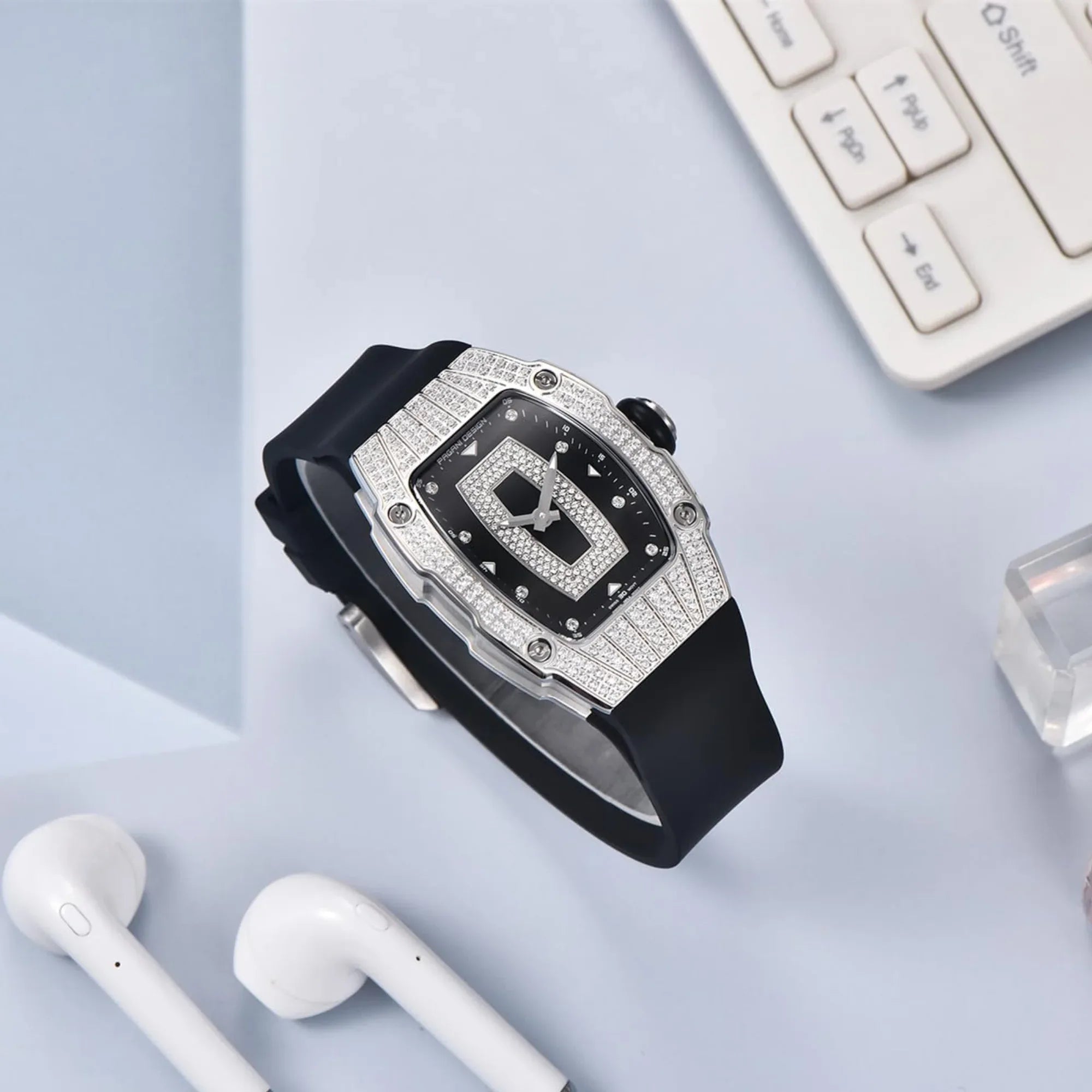 Pagani Design PD-YS013 Bergani Fashion Women's Diamond Inlaid Watch Waterproof Sports Waterproof Night Glow Trend Silicone Women's Watch - Silver Black - DREAM WATCHES