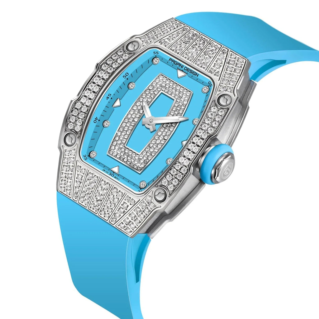 Pagani Design PD-YS013 Bergani Fashion Women's Diamond Inlaid Watch Waterproof Sports Waterproof Night Glow Trend Silicone Women's Watch - Silver Blue - DREAM WATCHES
