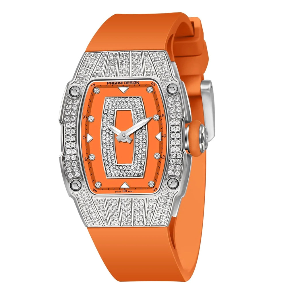 Pagani Design PD-YS013 Bergani Fashion Women's Diamond Inlaid Watch Waterproof Sports Waterproof Night Glow Trend Silicone Women's Watch - Silver Orange - DREAM WATCHES