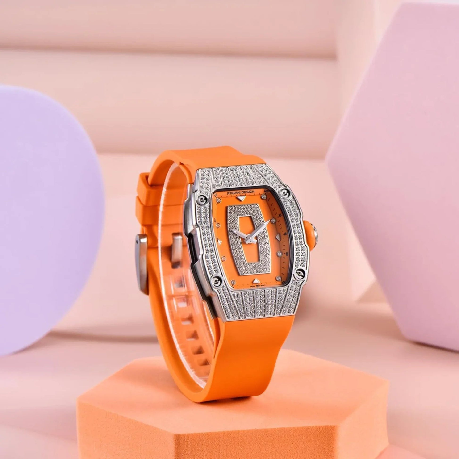 Pagani Design PD-YS013 Bergani Fashion Women's Diamond Inlaid Watch Waterproof Sports Waterproof Night Glow Trend Silicone Women's Watch - Silver Orange - DREAM WATCHES