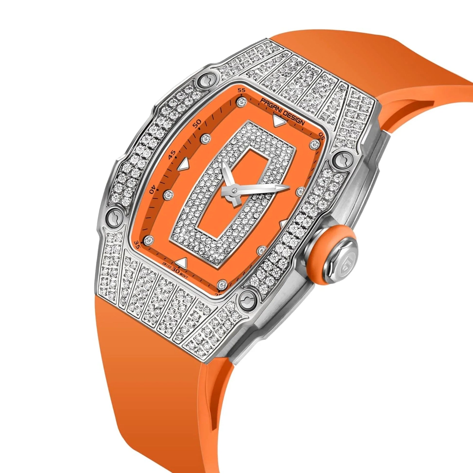 Pagani Design PD-YS013 Bergani Fashion Women's Diamond Inlaid Watch Waterproof Sports Waterproof Night Glow Trend Silicone Women's Watch - Silver Orange - DREAM WATCHES