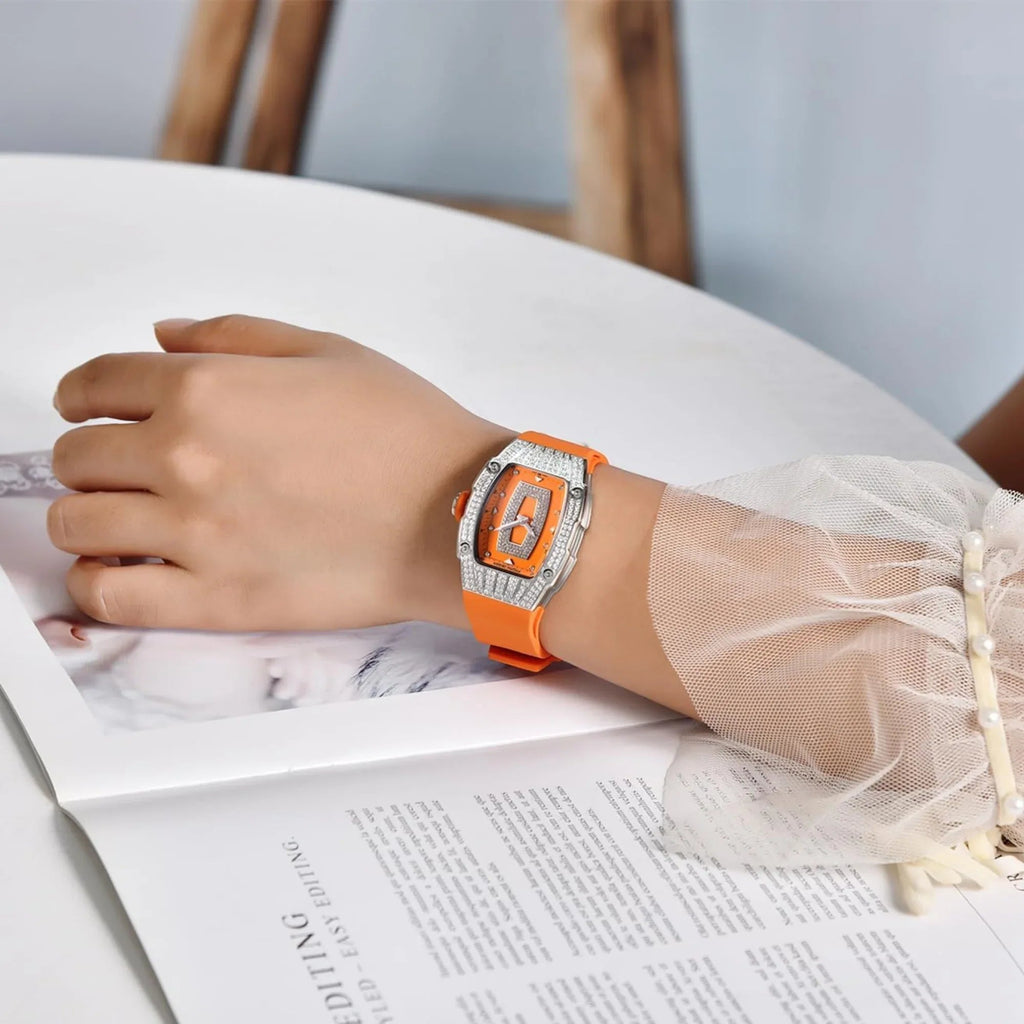 Pagani Design PD-YS013 Bergani Fashion Women's Diamond Inlaid Watch Waterproof Sports Waterproof Night Glow Trend Silicone Women's Watch - Silver Orange - DREAM WATCHES