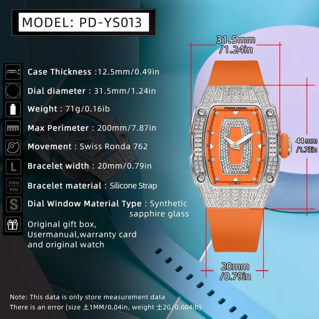 Pagani Design PD-YS013 Bergani Fashion Women's Diamond Inlaid Watch Waterproof Sports Waterproof Night Glow Trend Silicone Women's Watch - Silver Orange - DREAM WATCHES