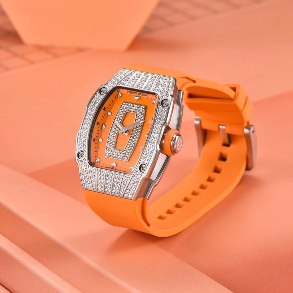 Pagani Design PD-YS013 Bergani Fashion Women's Diamond Inlaid Watch Waterproof Sports Waterproof Night Glow Trend Silicone Women's Watch - Silver Orange - DREAM WATCHES