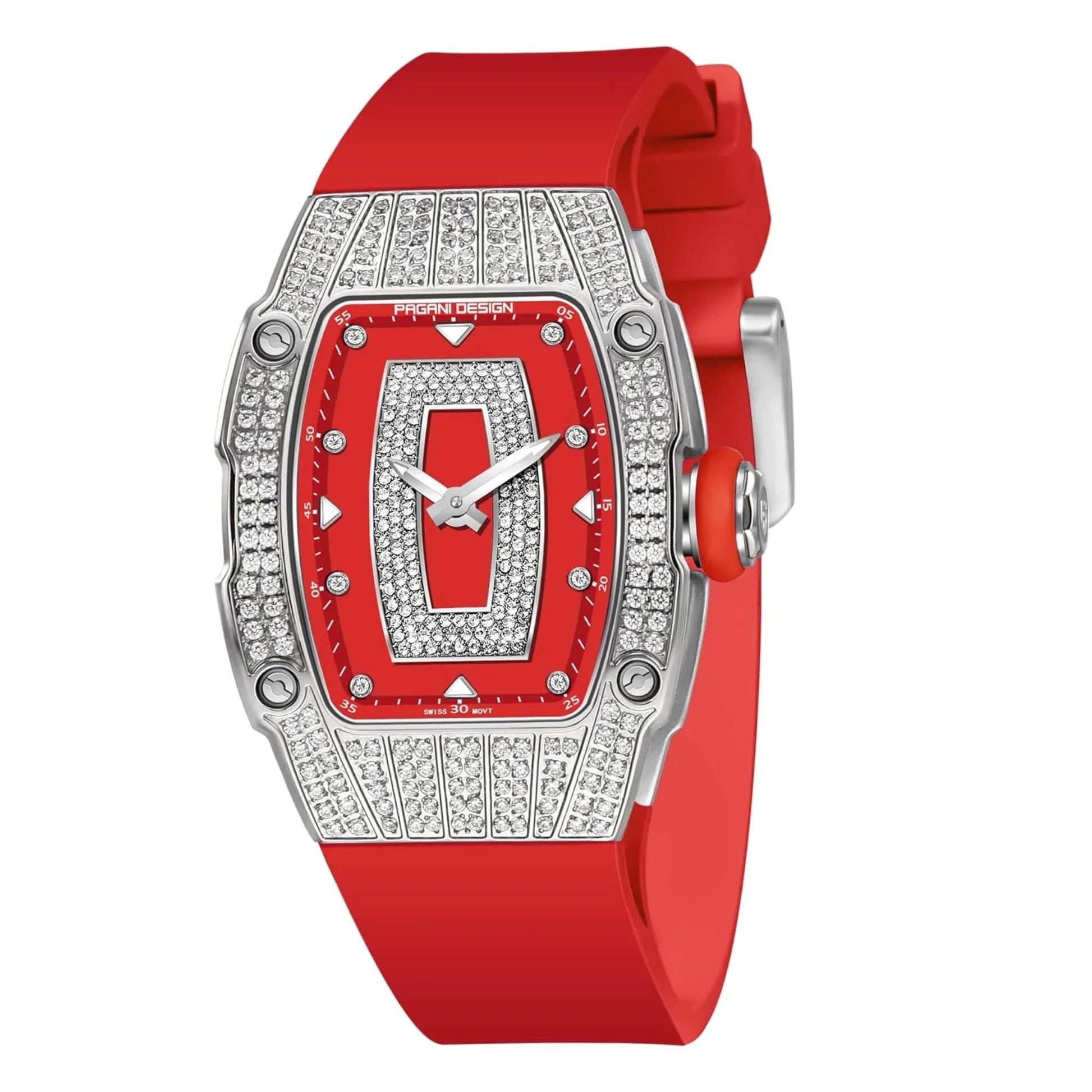 Pagani Design PD-YS013 Bergani Fashion Women's Diamond Inlaid Watch Waterproof Sports Waterproof Night Glow Trend Silicone Women's Watch - Silver Red - DREAM WATCHES