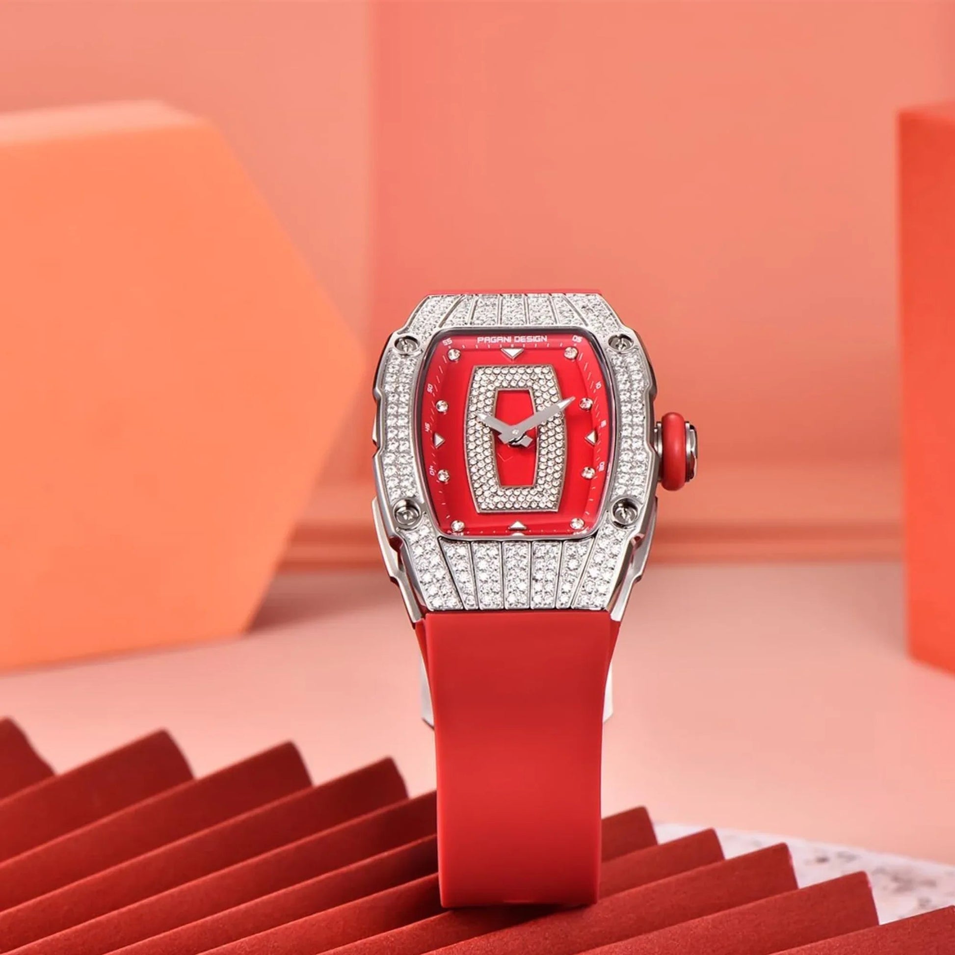 Pagani Design PD-YS013 Bergani Fashion Women's Diamond Inlaid Watch Waterproof Sports Waterproof Night Glow Trend Silicone Women's Watch - Silver Red - DREAM WATCHES
