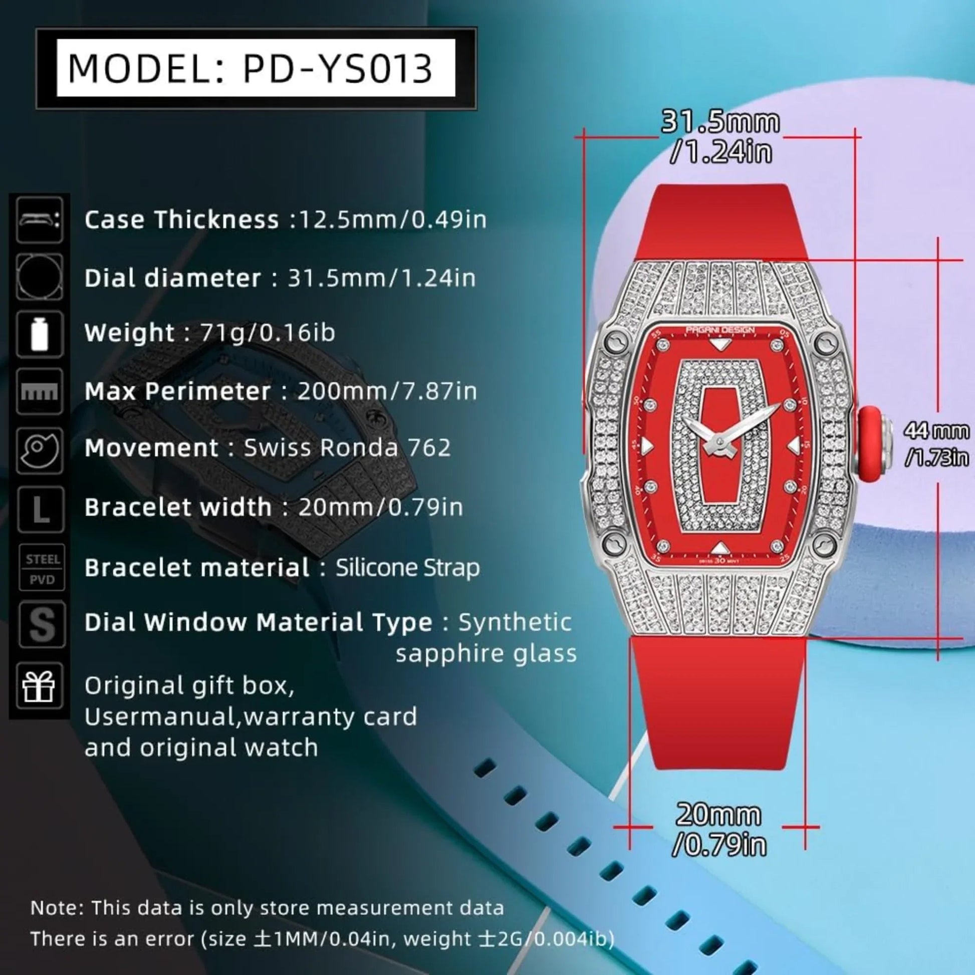 Pagani Design PD-YS013 Bergani Fashion Women's Diamond Inlaid Watch Waterproof Sports Waterproof Night Glow Trend Silicone Women's Watch - Silver Red - DREAM WATCHES
