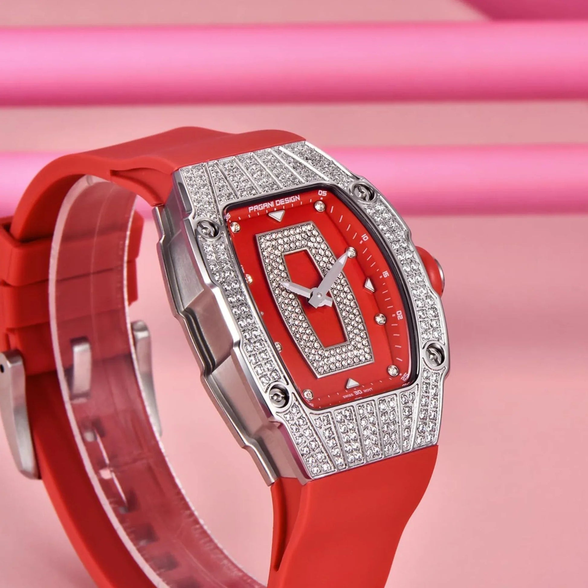 Pagani Design PD-YS013 Bergani Fashion Women's Diamond Inlaid Watch Waterproof Sports Waterproof Night Glow Trend Silicone Women's Watch - Silver Red - DREAM WATCHES