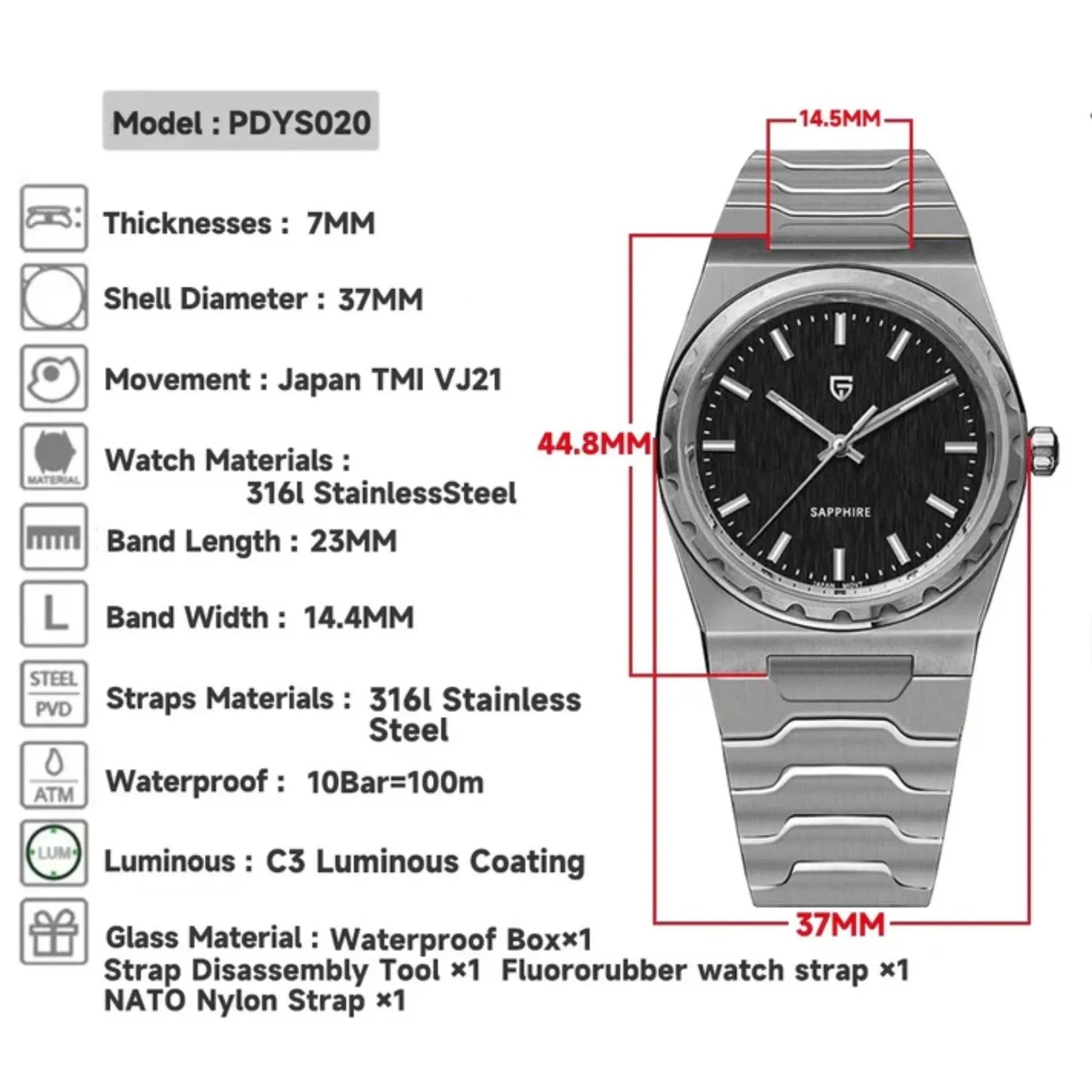 Pagani Design PD-YS020 Blue Dial Sapphire Crystal 37MM, Seiko VJ21 Quartz Movement - DREAM WATCHES