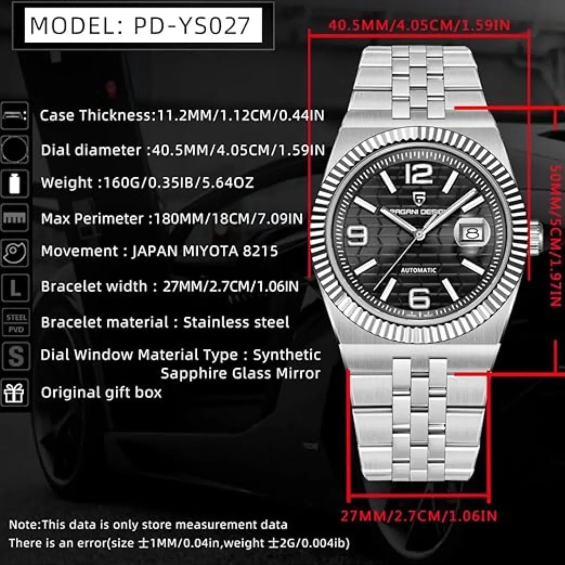 PAGANI DESIGN PD-YS027 New Men's Automatic Watch Stainless Steel Mechanical Waterproof Wrist Watch for Men, Synthetic Sapphire Dial Glass - DREAM WATCHES