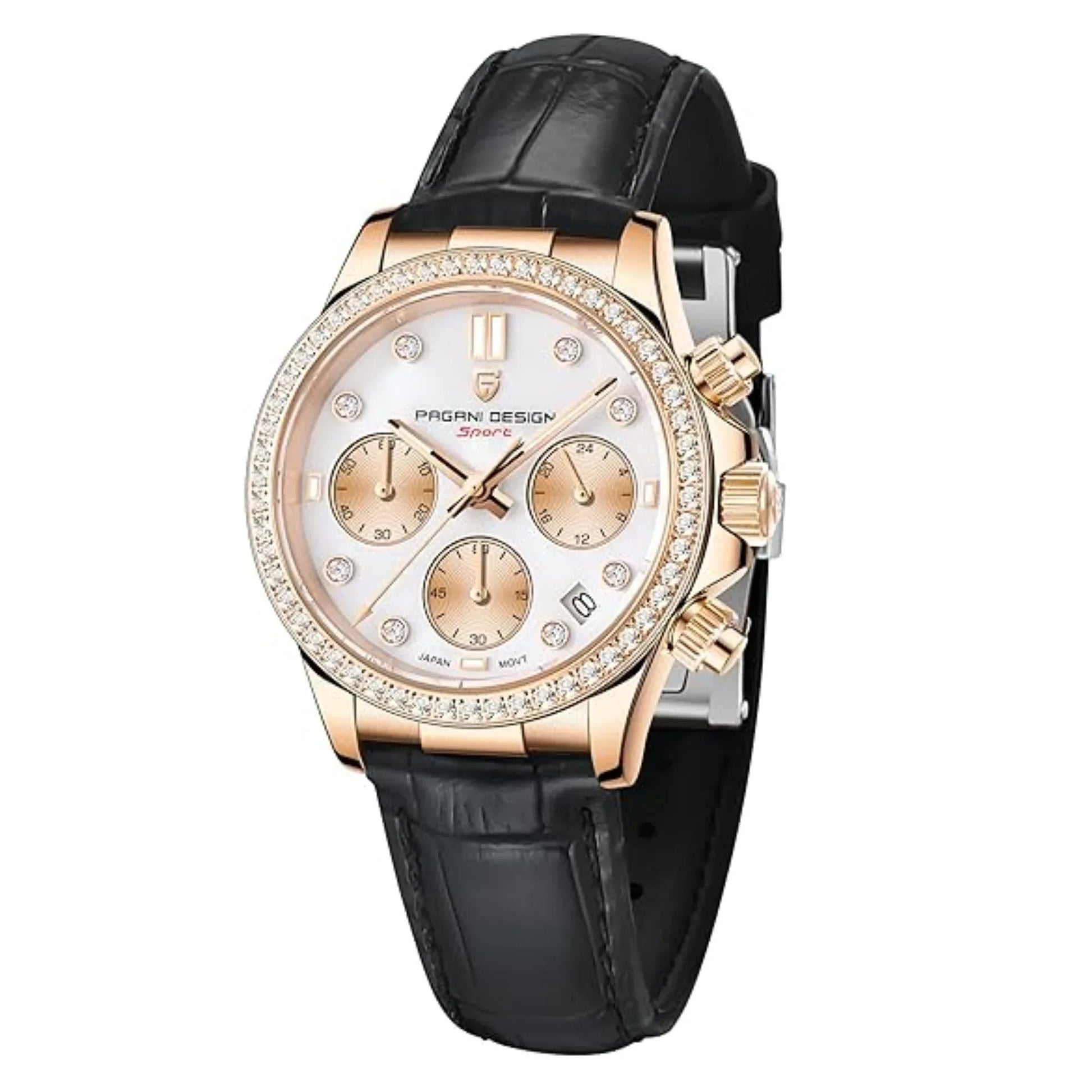 Pagani Design PD1730 Chronograph Date Quartz women's Watch - Gold Dial with Black Strap - DREAM WATCHES