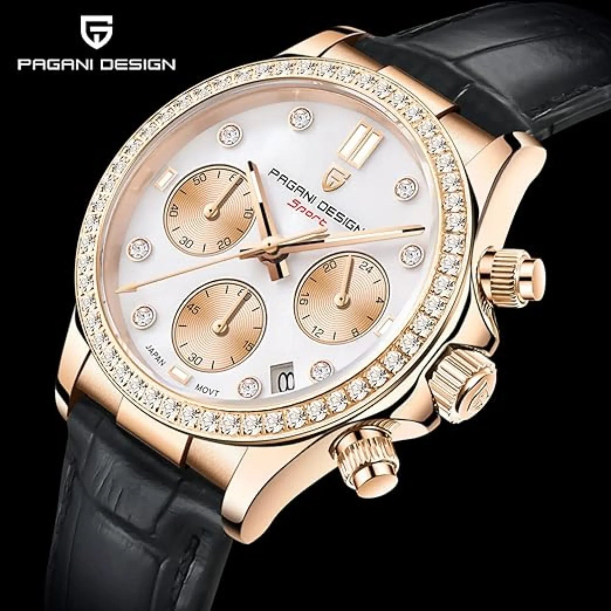 Pagani Design PD1730 Chronograph Date Quartz women's Watch - Gold Dial with Black Strap - DREAM WATCHES