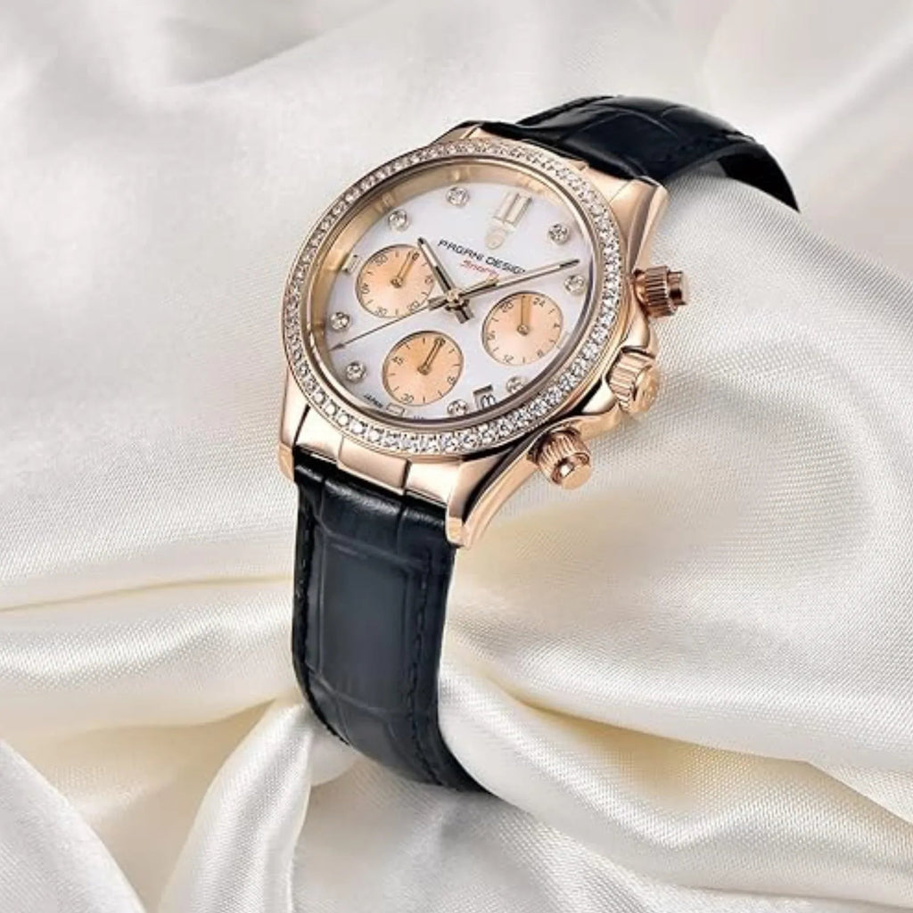 Pagani Design PD1730 Chronograph Date Quartz women's Watch - Gold Dial with Black Strap - DREAM WATCHES