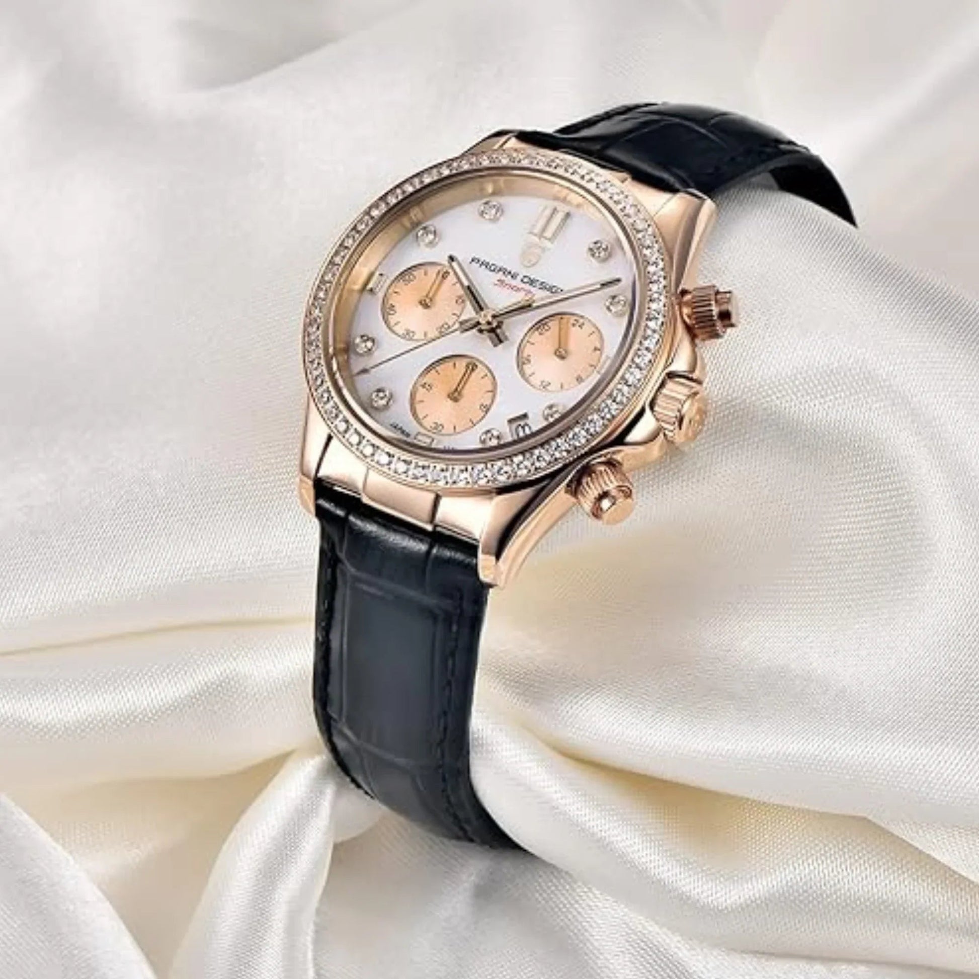 Pagani Design PD1730 Chronograph Date Quartz women's Watch - Gold Dial with Black Strap - DREAM WATCHES
