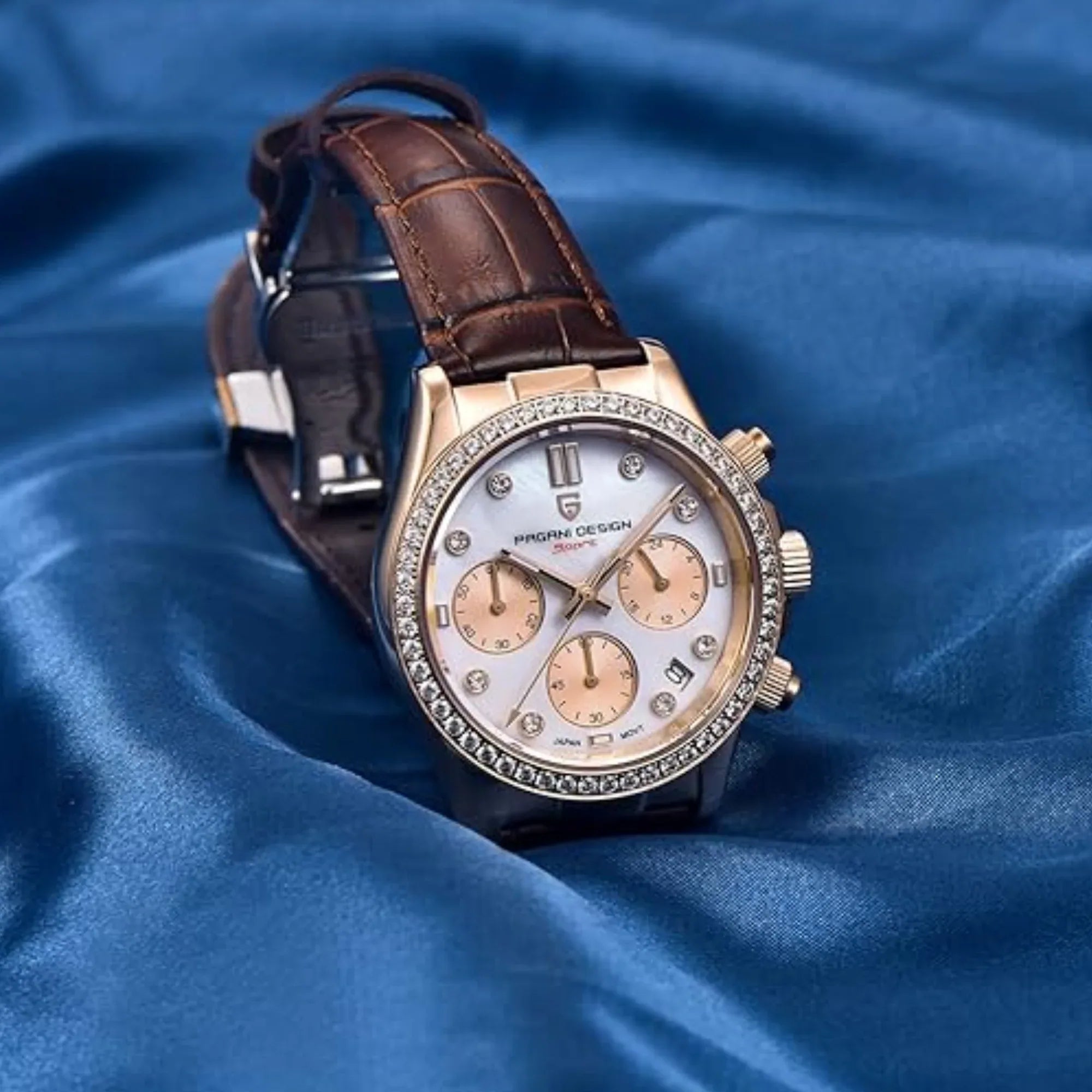 Pagani Design PD1730 Chronograph Date Quartz women's Watch - Gold Dial with Brown Strap - DREAM WATCHES