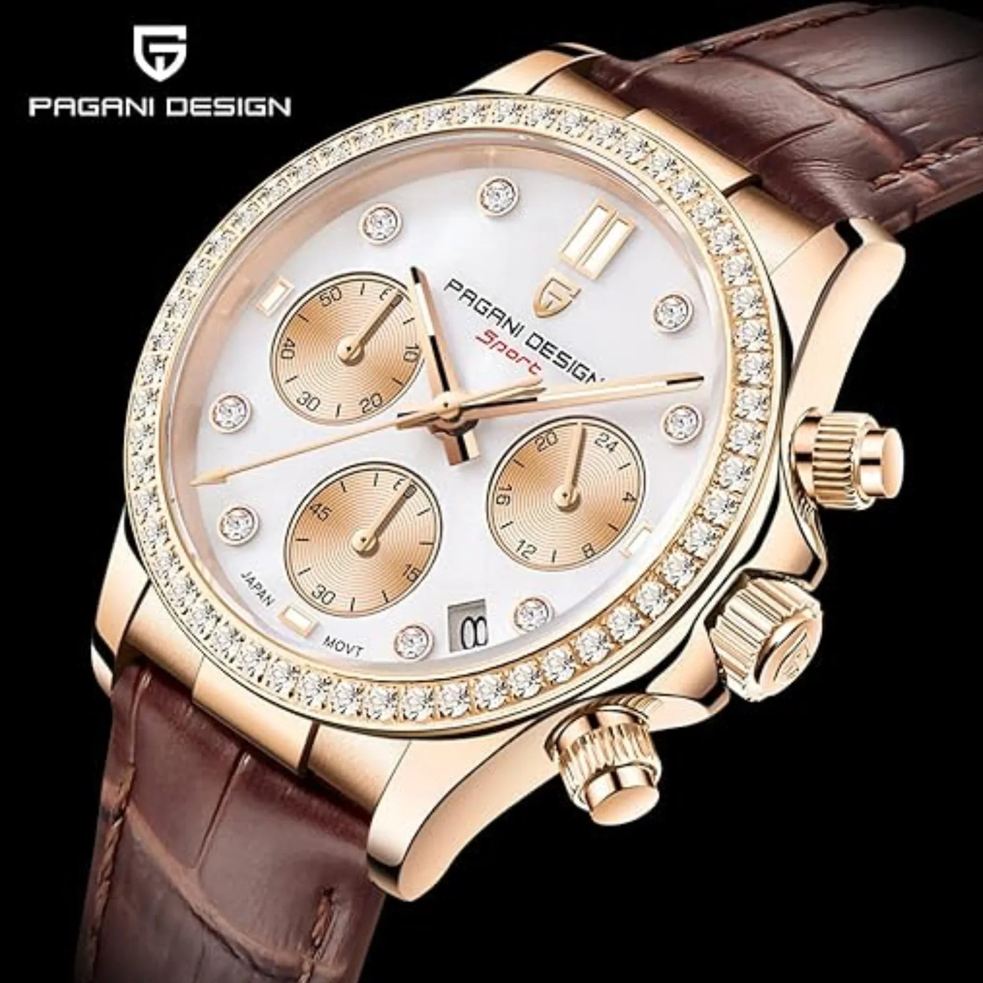 Pagani Design PD1730 Chronograph Date Quartz women's Watch - Gold Dial with Brown Strap - DREAM WATCHES