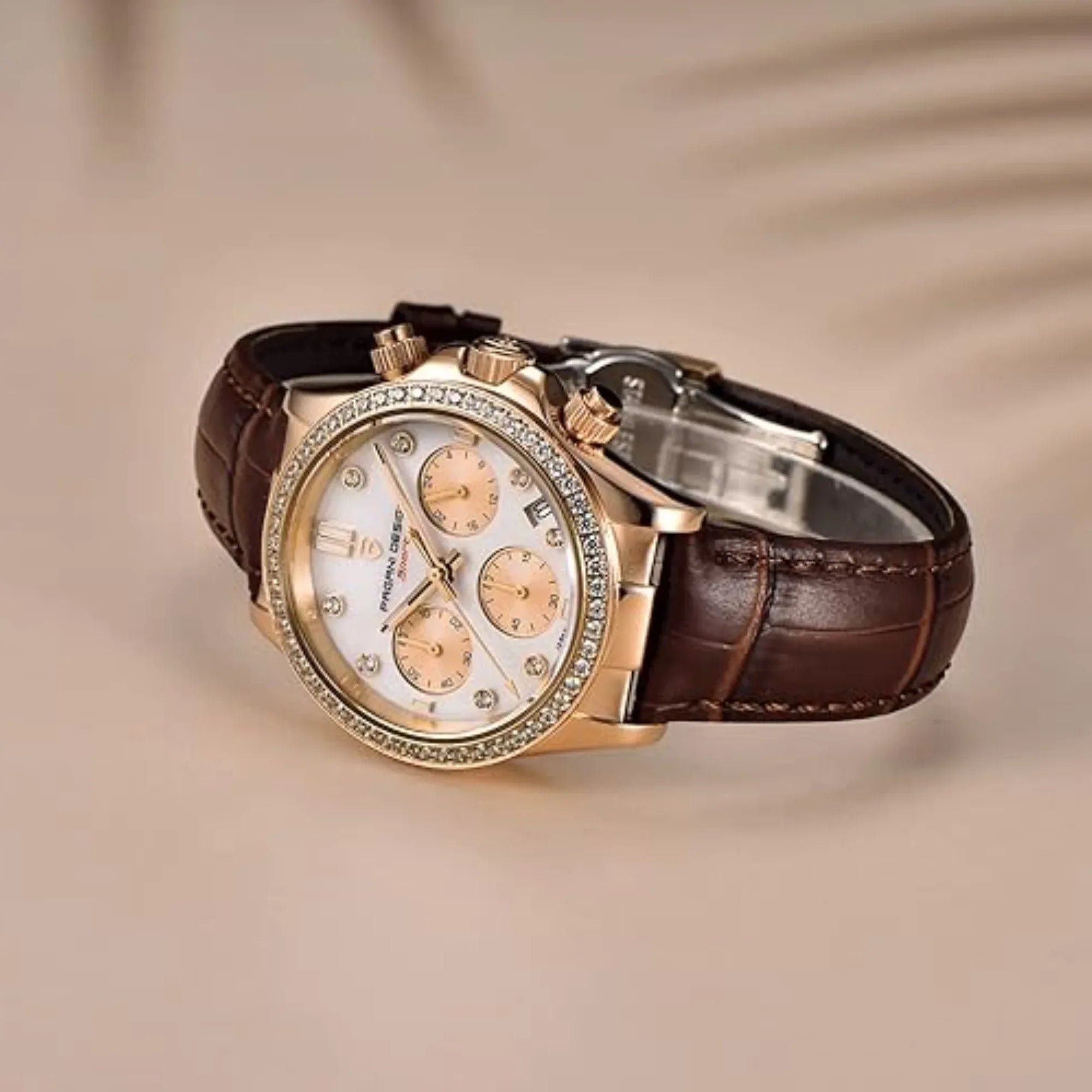 Pagani Design PD1730 Chronograph Date Quartz women's Watch - Gold Dial with Brown Strap - DREAM WATCHES