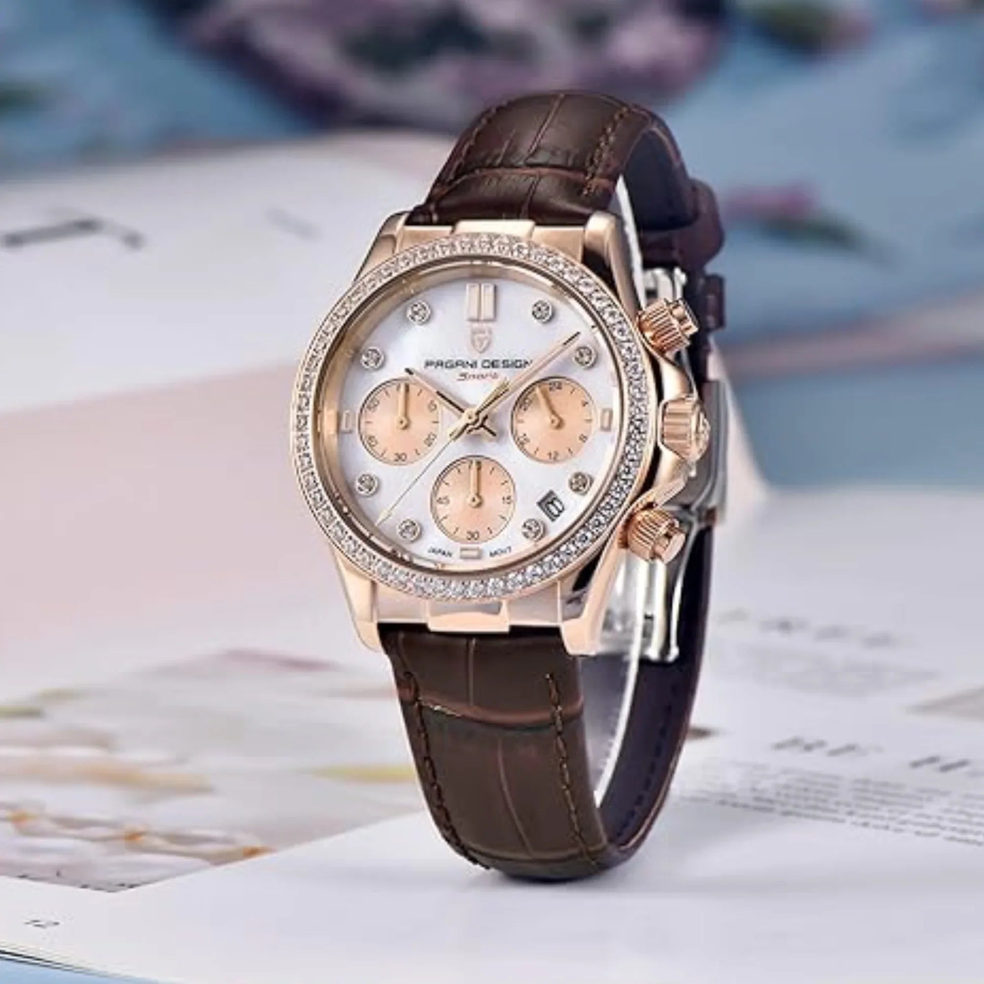 Pagani Design PD1730 Chronograph Date Quartz women's Watch - Gold Dial with Brown Strap - DREAM WATCHES