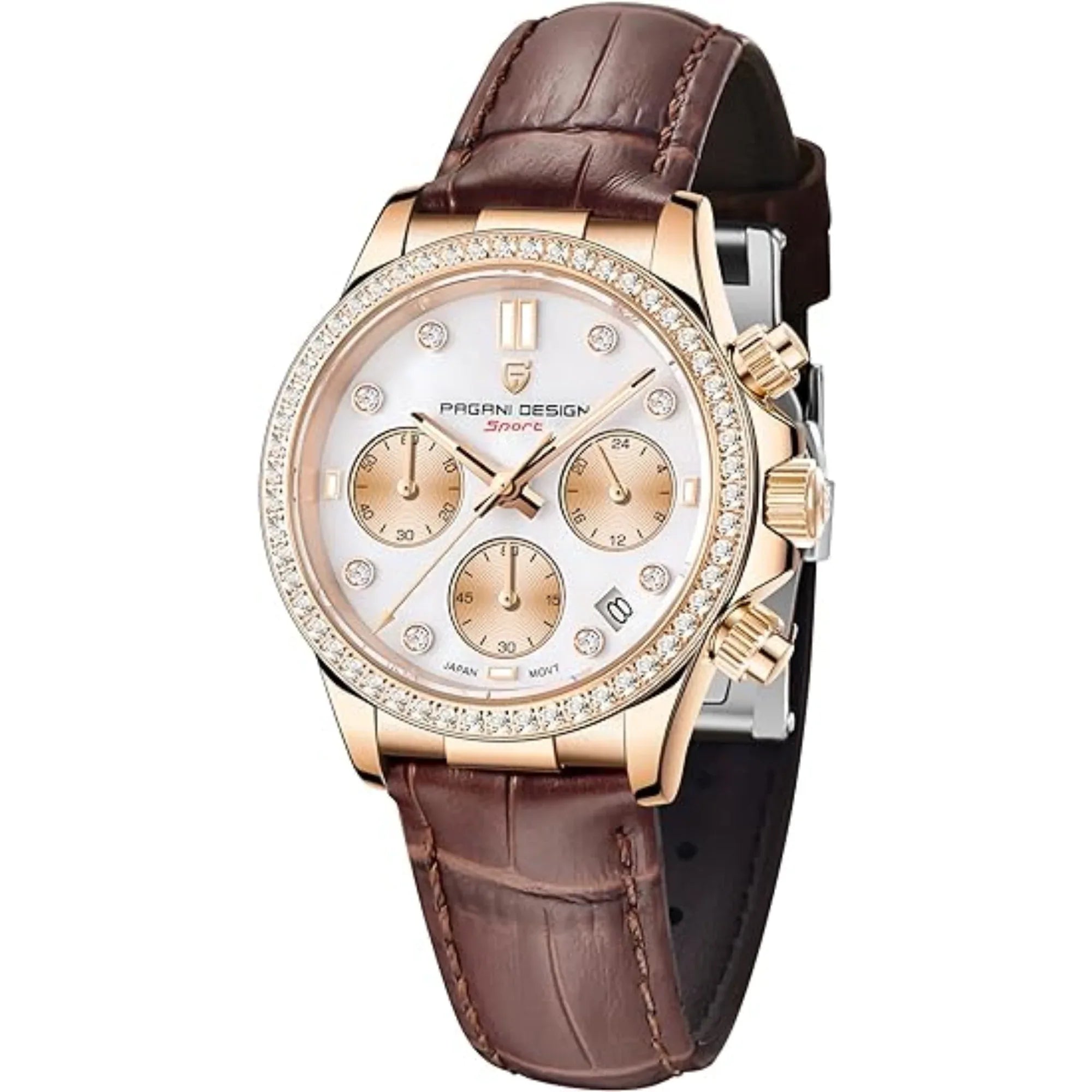 Pagani Design PD1730 Chronograph Date Quartz women's Watch - Gold Dial with Brown Strap - DREAM WATCHES