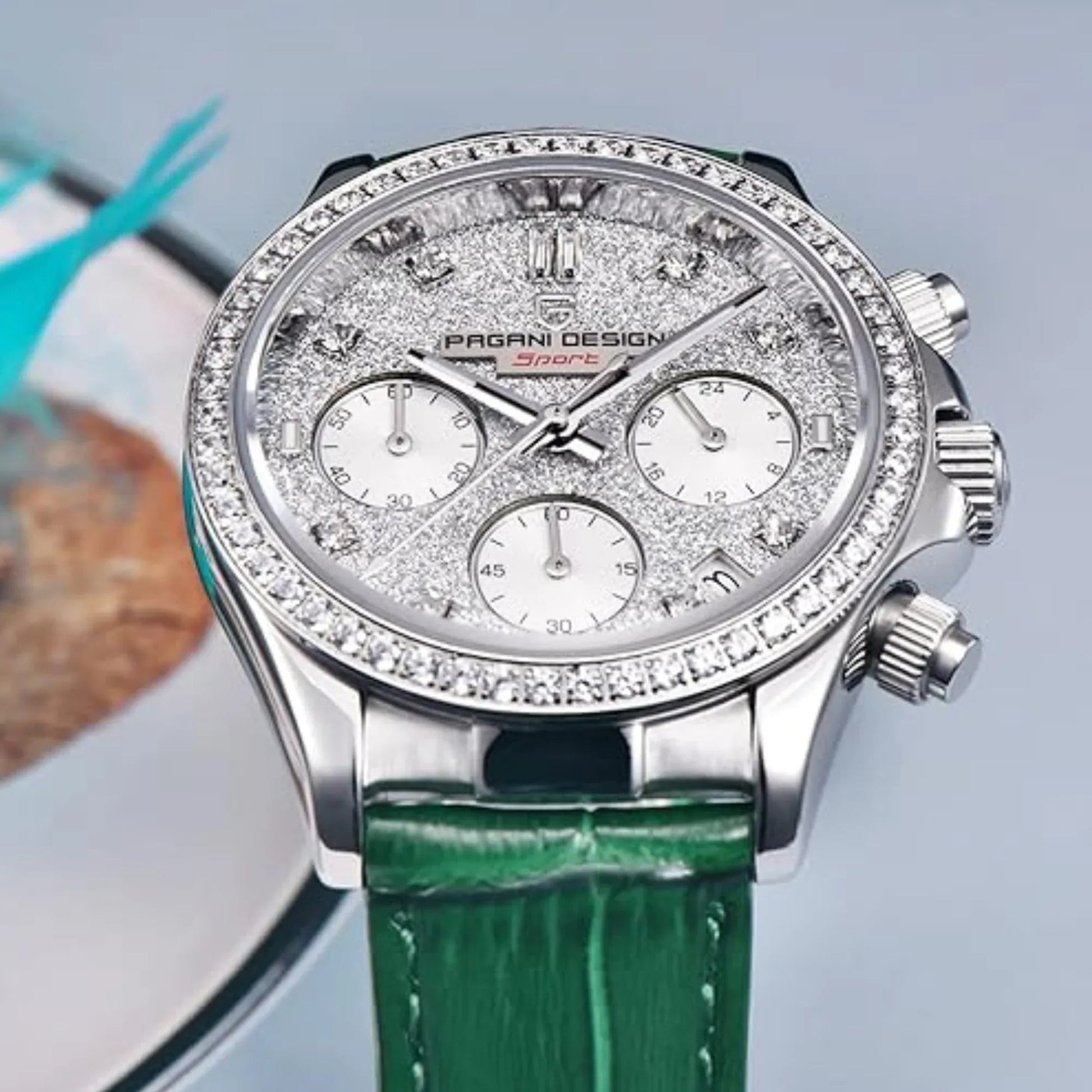 Pagani Design PD1730 Chronograph Date Quartz women's Watch - White Dial with Green Strap - DREAM WATCHES