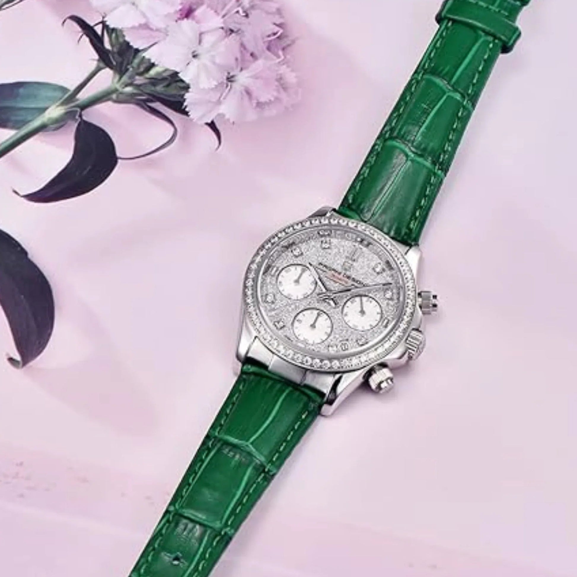 Pagani Design PD1730 Chronograph Date Quartz women's Watch - White Dial with Green Strap - DREAM WATCHES
