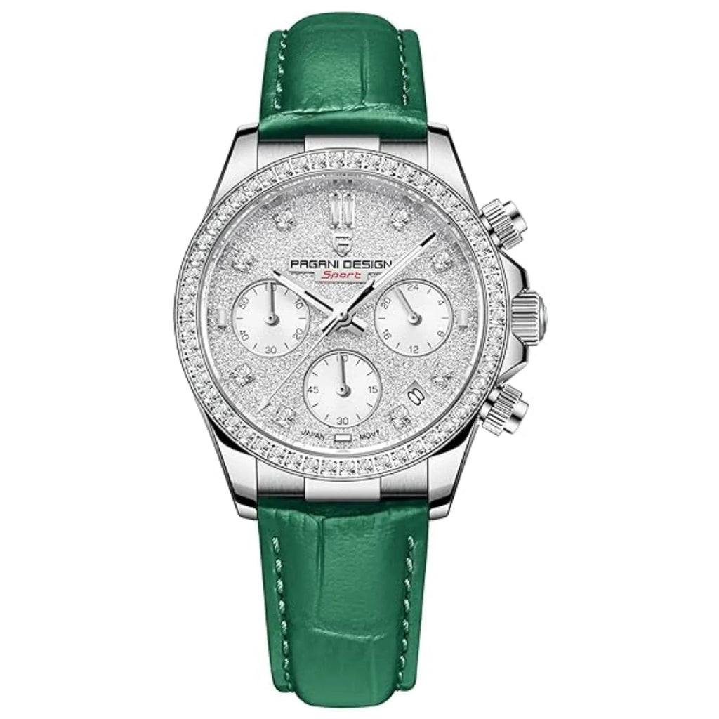 Pagani Design PD1730 Chronograph Date Quartz women's Watch - White Dial with Green Strap - DREAM WATCHES