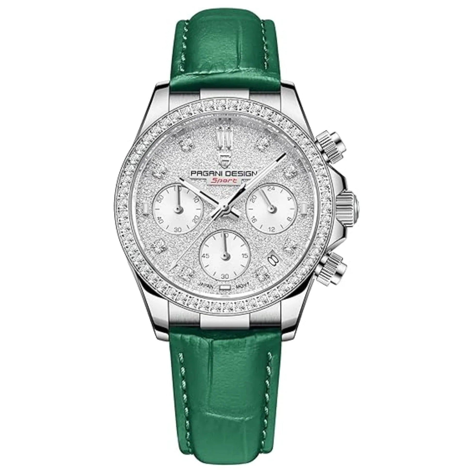 Pagani Design PD1730 Chronograph Date Quartz women's Watch - White Dial with Green Strap - DREAM WATCHES