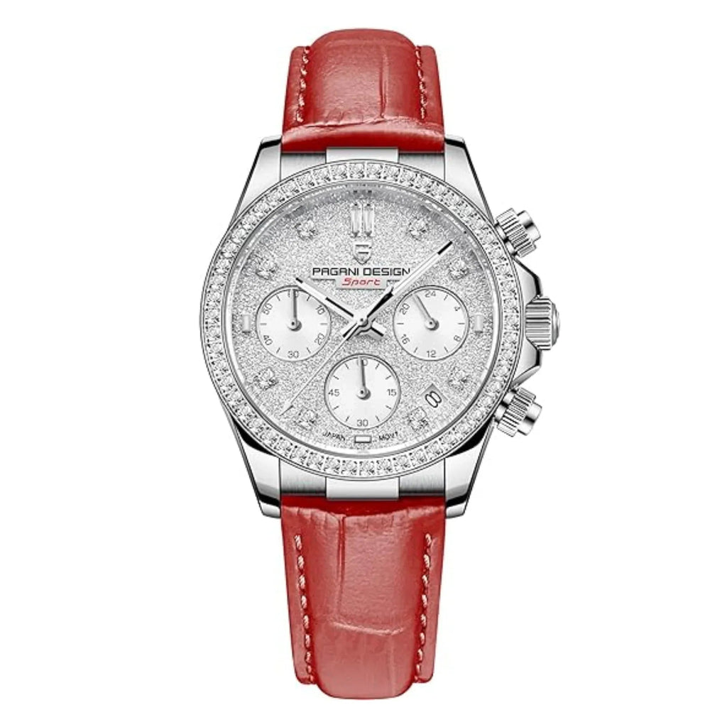 Pagani Design PD1730 Chronograph Date Quartz women's Watch - White Dial with Red Strap - DREAM WATCHES