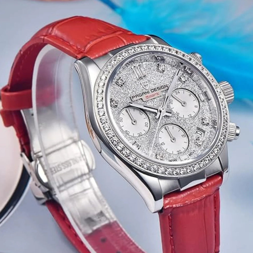 Pagani Design PD1730 Chronograph Date Quartz women's Watch - White Dial with Red Strap - DREAM WATCHES