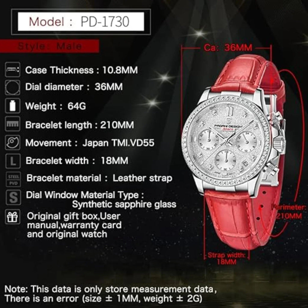 Pagani Design PD1730 Chronograph Date Quartz women's Watch - White Dial with Red Strap - DREAM WATCHES