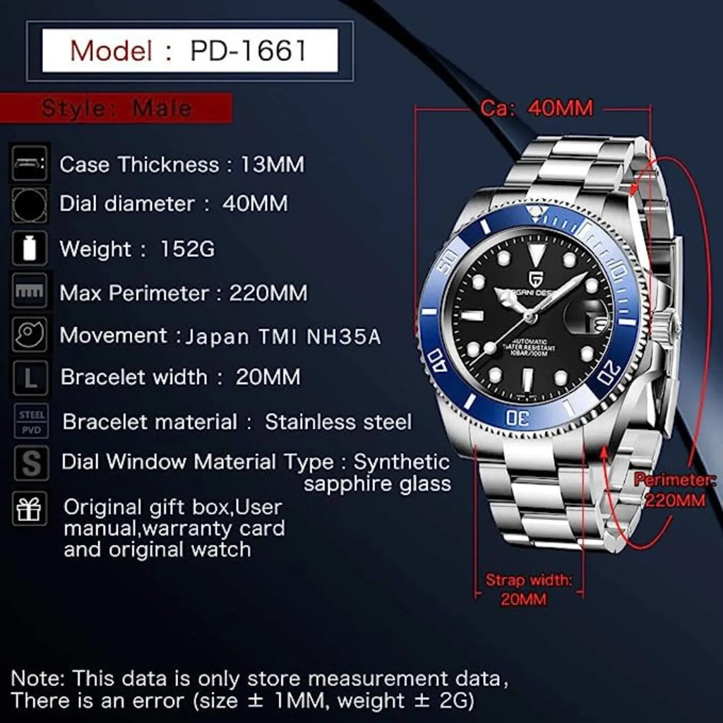 Pagani Design Waterproof Mechanical Automatic Watch Stainless Steel Men's 40MM Watch Submariner (Bluesy) - DREAM WATCHES