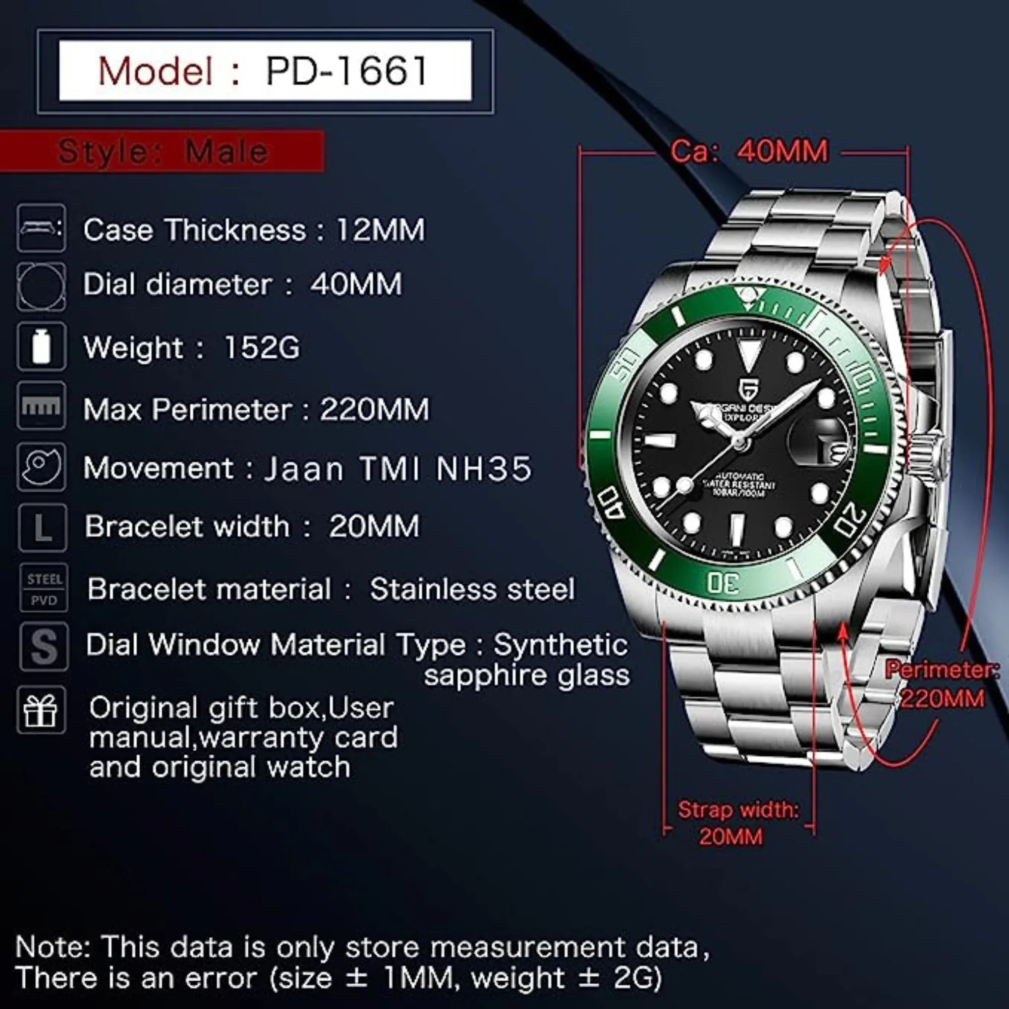 Pagani Design Waterproof Mechanical Automatic Watch Stainless Steel Men's 40MM Watch Submariner (Kermit) - DREAM WATCHES