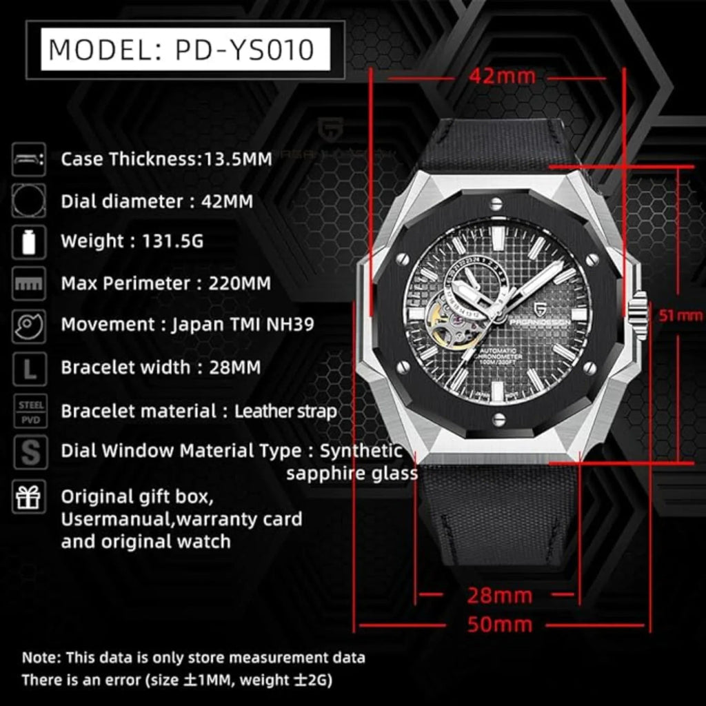 Pagani Design YS010 Men's Automatic Watch with NH39 Movement Leather Strap Waterproof Stylish and Unique Case Skeleton Face - Black - DREAM WATCHES