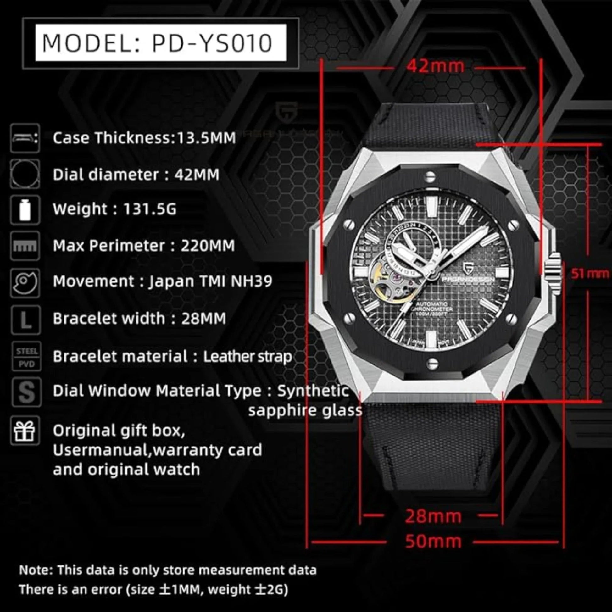 Pagani Design YS010 Men's Automatic Watch with NH39 Movement Leather Strap Waterproof Stylish and Unique Case Skeleton Face - Black - DREAM WATCHES