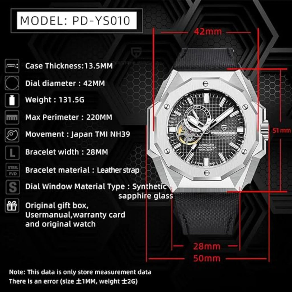 Pagani Design YS010 Men's Automatic Watch with NH39 Movement Leather Strap Waterproof Stylish and Unique Case Skeleton Face - Black - DREAM WATCHES