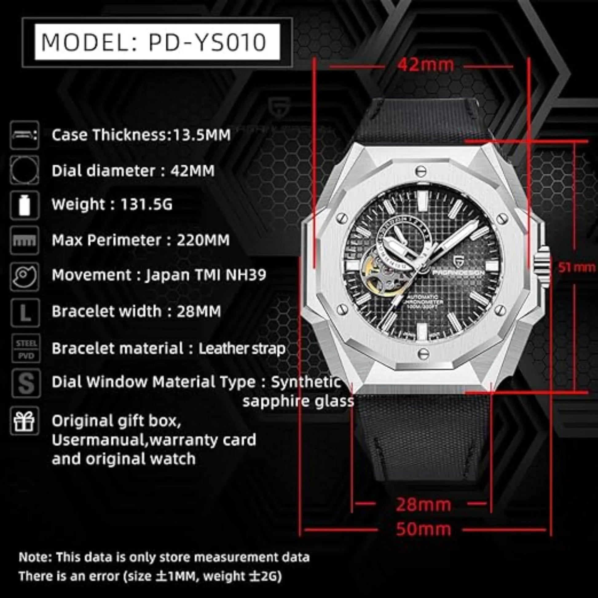 Pagani Design YS010 Men's Automatic Watch with NH39 Movement Leather Strap Waterproof Stylish and Unique Case Skeleton Face - Black - DREAM WATCHES