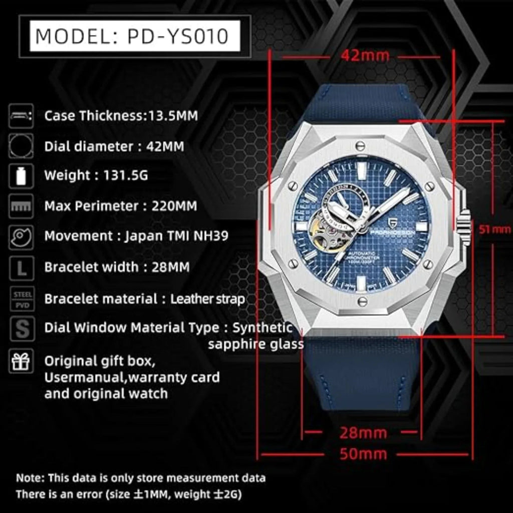 Pagani Design YS010 Men's Automatic Watch with NH39 Movement Leather Strap Waterproof Stylish and Unique Case Skeleton Face - Blue - DREAM WATCHES