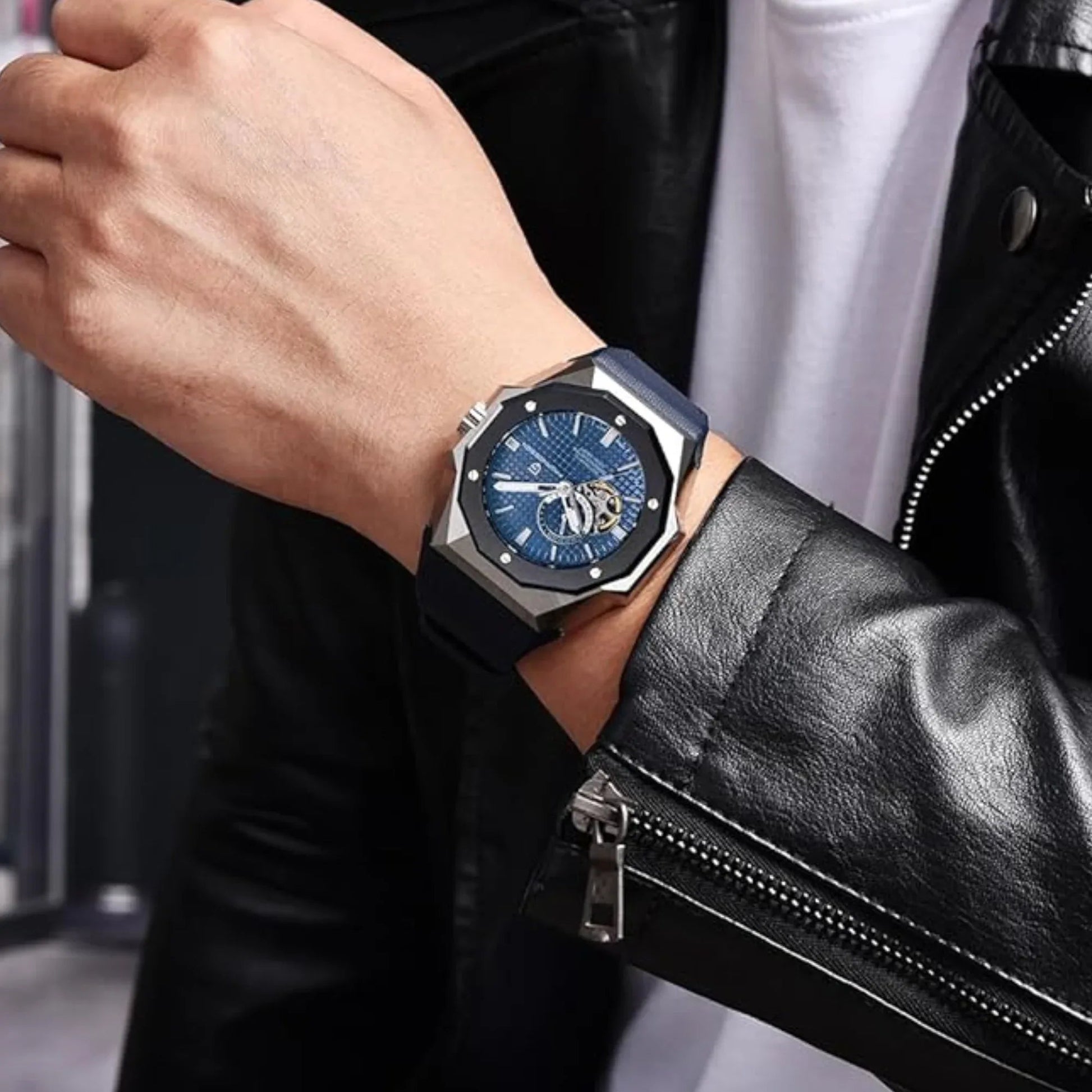 Pagani Design YS010 Men's Automatic Watch with NH39 Movement Leather Strap Waterproof Stylish and Unique Case Skeleton Face - Blue - DREAM WATCHES