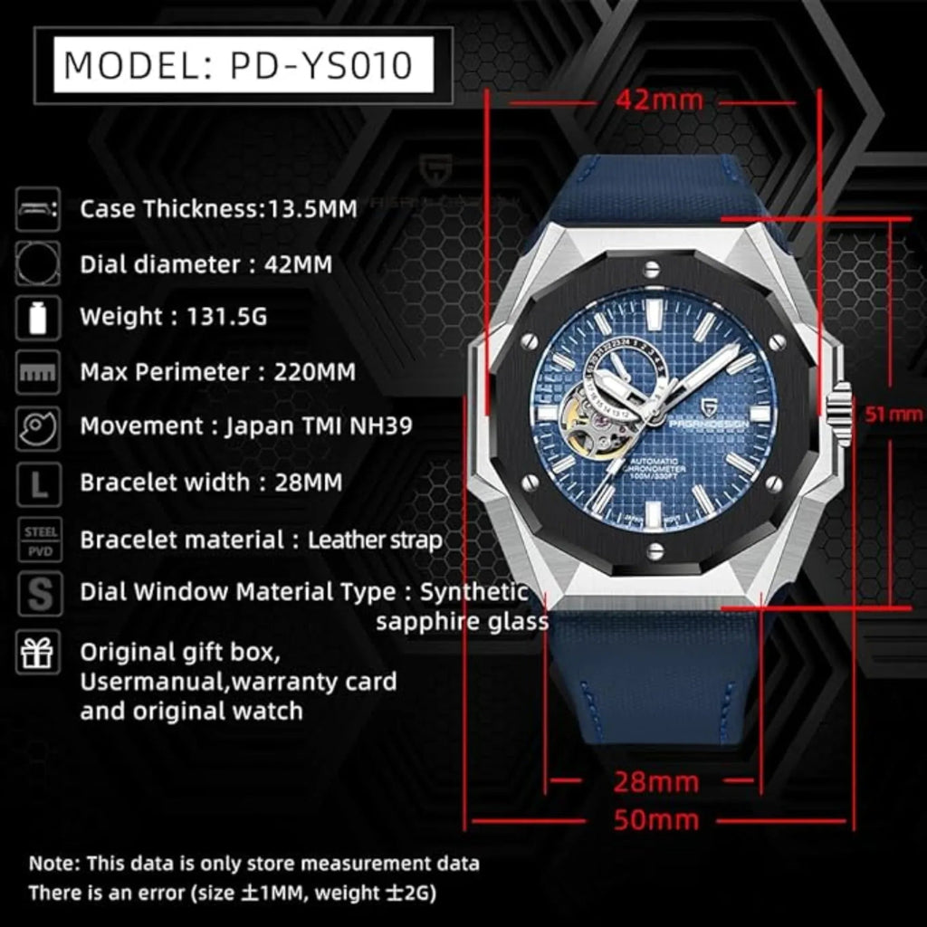 Pagani Design YS010 Men's Automatic Watch with NH39 Movement Leather Strap Waterproof Stylish and Unique Case Skeleton Face - Blue - DREAM WATCHES